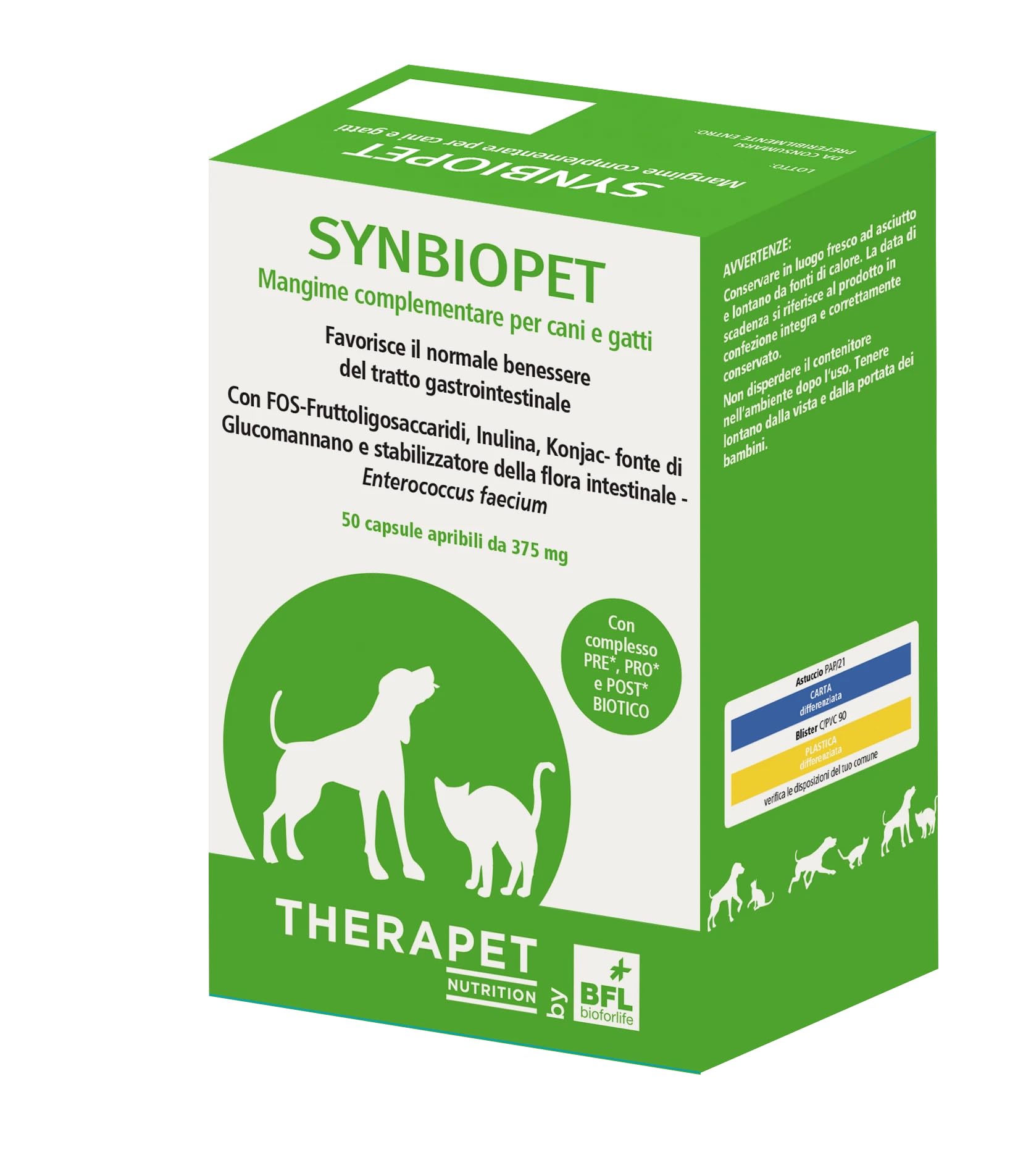 SYNBIOPET THERAPET 50 CPR – Integratore intestinale pre-pro-postbiotico per cani e gatti | Capsule apribili | Supporto flora intestinale e benessere digestivo