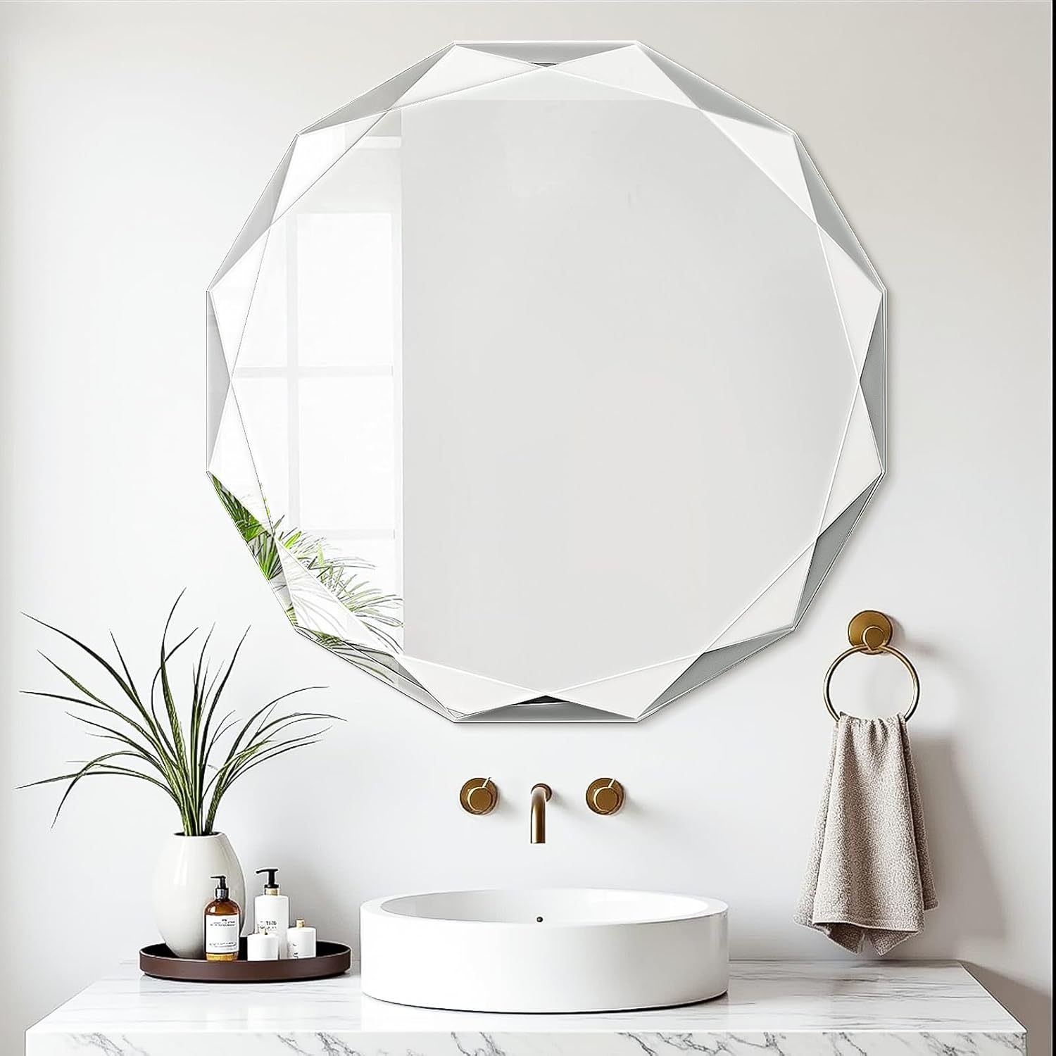 Bathroom Mirror for Wall, 24" x 24" Circle Bathroom Vanity Mirror, Beveled Edge Frameless Wall Mount Vanity Mirror, Decorative Round Irregular Beveled Edge 24"L x 24"W Round Style Nature