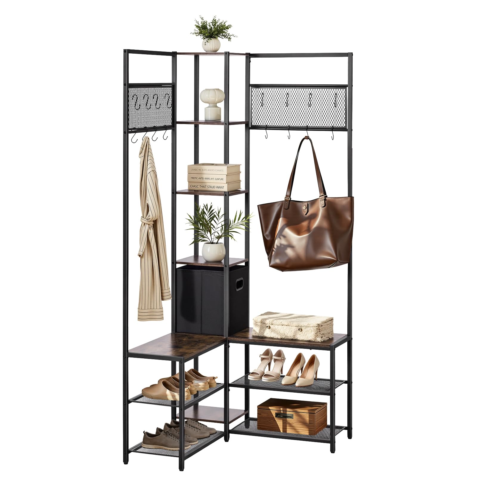 VEVOR Perchero de Esquina 180 cm, Organizador de Ropa con Ganchos Banco Zapatero y Estantes para Abrigos Bolsos Calzado, Armario Abierto para Entrada Pasillos Dormitorio Salón, Marrón Rústico y Negro