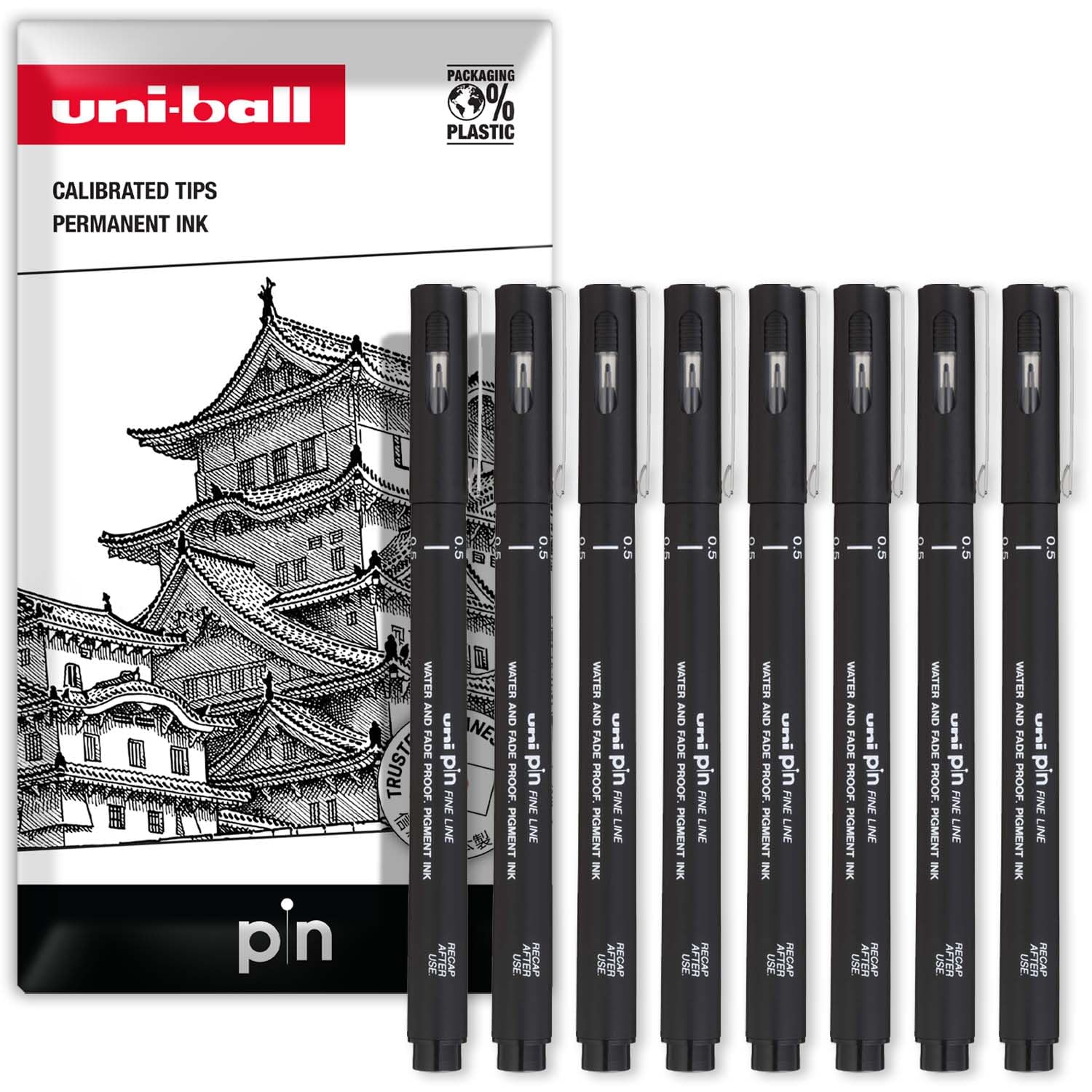 Uni Pin Fineliner Lot de 8 stylos à dessin Encre noire Pointe 0,5 mm