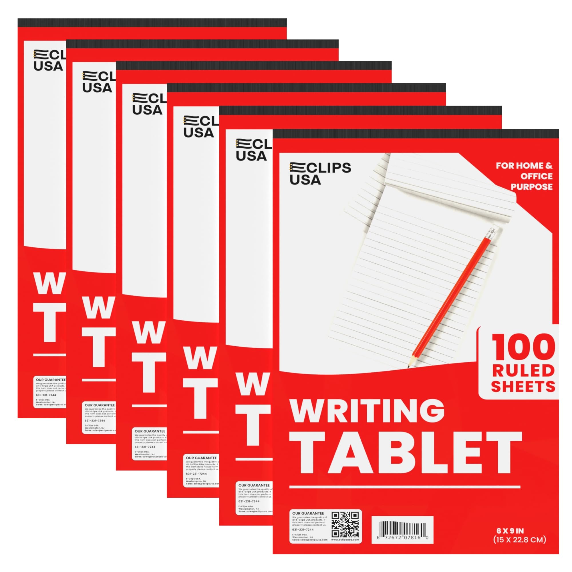 E-CLIPS USA Notepads, Ruled Writing Tablet, Note Pads 6 x 9, Small Notepads, Memo Pad, White, Chipboard Back, Writing Pad, Office Supplies, 100 Sheets Per Pad (6 Pack)