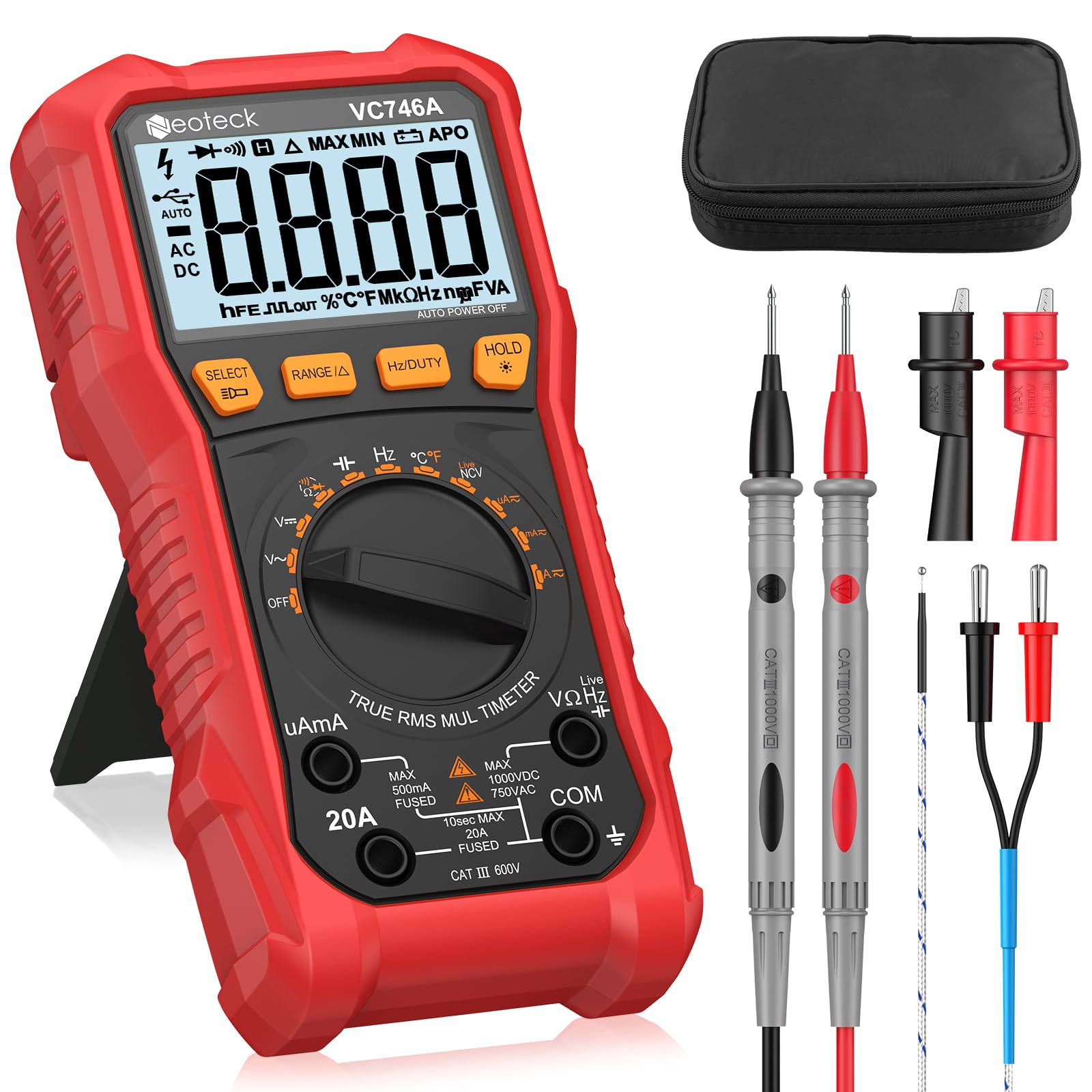 Neoteck Multimetro Digitale Professionale 6000 Conteggi Misuratore TRMS Auto-Range con Rilevamento NCV, LIVE e Doppia Illuminazione Test Sicuro per Tensione CA/CC, Corrente, Temperatura - Rosso