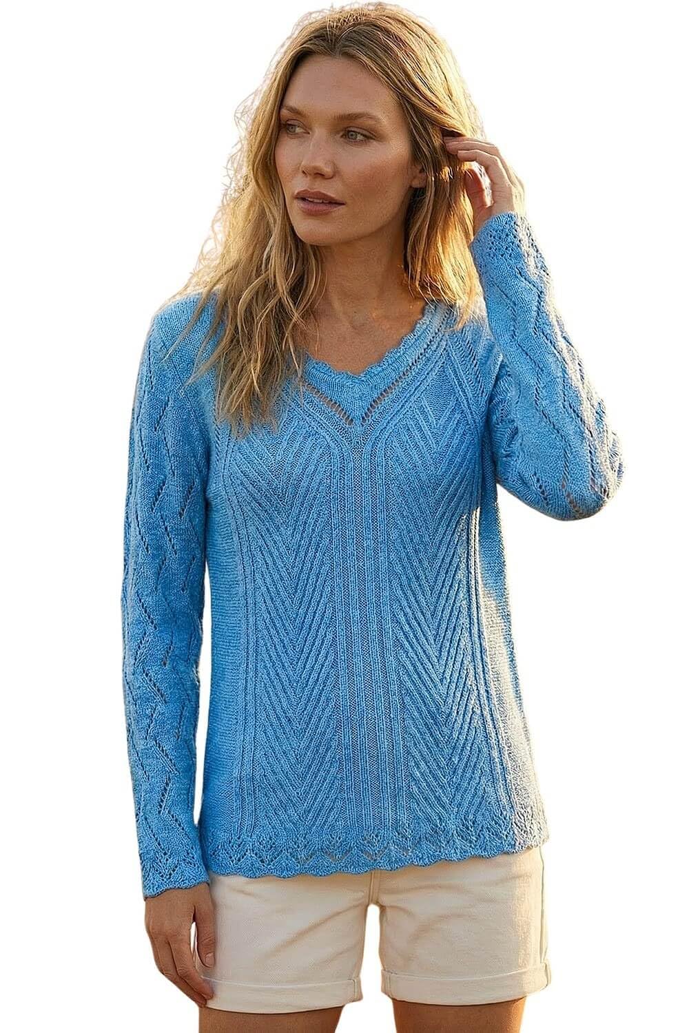 Roman Women's Blue Scallop V-Neck Knit Jumper Size 14