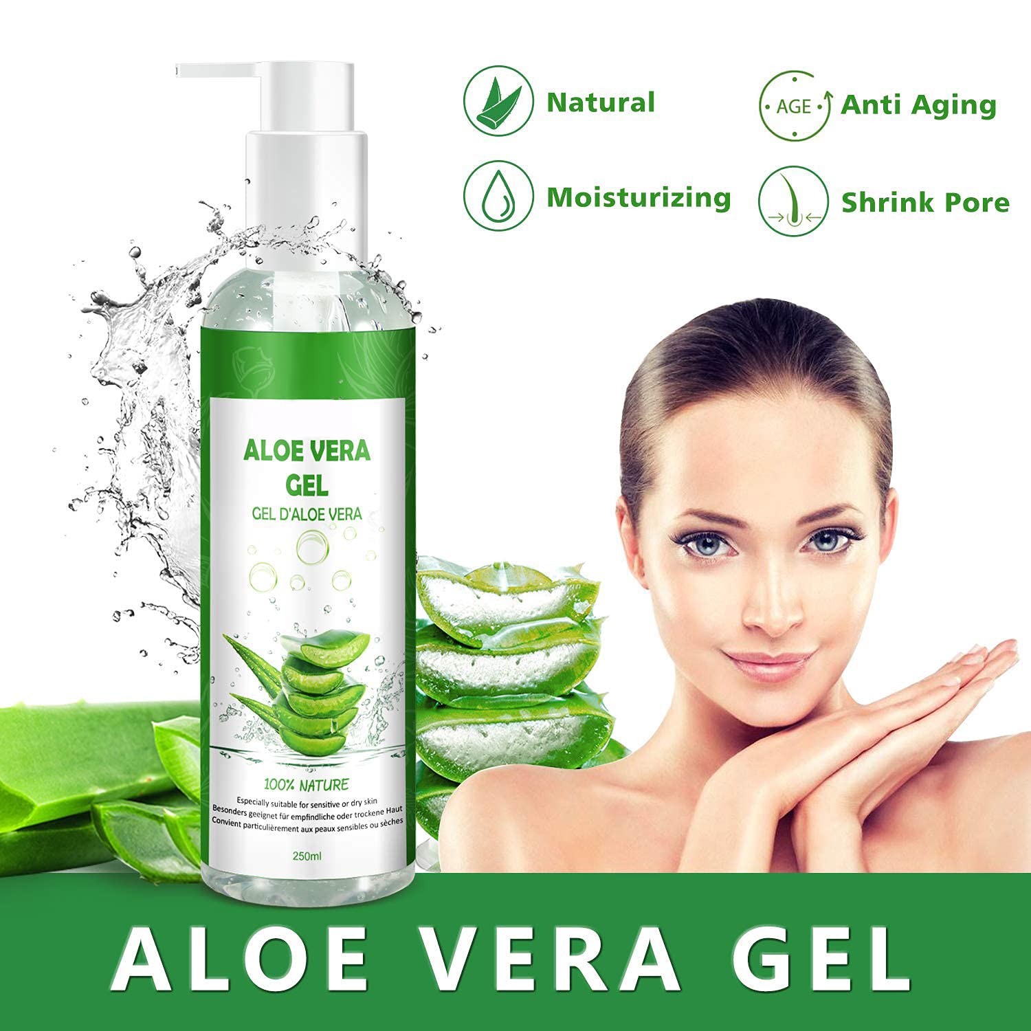 Aloe Vera Gel 100% Pur - für Gesicht Haare Körper - Natürliche, Beruhigende und Pflegende Feuchtigkeitscreme After Sun - Ideal Naturkosmetik für Trockene, Strapazierte Haut & Sonnenbrand - 250ml