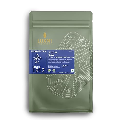 Luxmi Estates, Té Tulsi orgánico 50 bolsas de té (3.53 onzas) Sin cafeína, sin OMG, hojas Tulsi orgánicas USDA - Té Tulsi Apoyo inmunológico,
