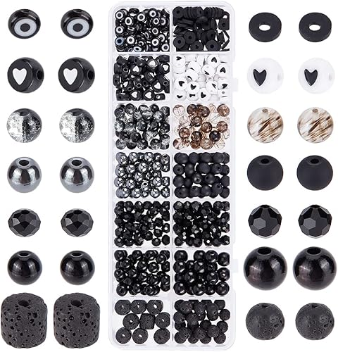 PH PandaHall 522 cuentas redondas de vidrio de 0.315 a 0.315 pulgadas, cuentas de pulsera blancas y negras de roca de lava natural, cuentas