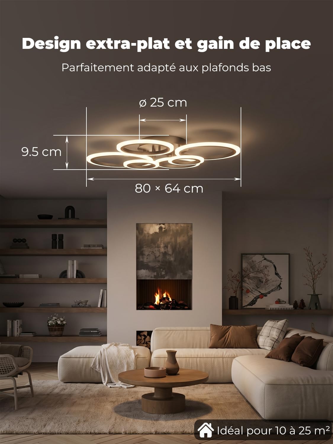 Luminaire Plafonnier Led avec Télécommande & APP, Éclairage de plafond avec 6 Anneaux, Dimmable, Fonction Mémoire de Lumière, avec Minuterie, Lustre Moderne Salon Salle Chambre Bureau, Noir