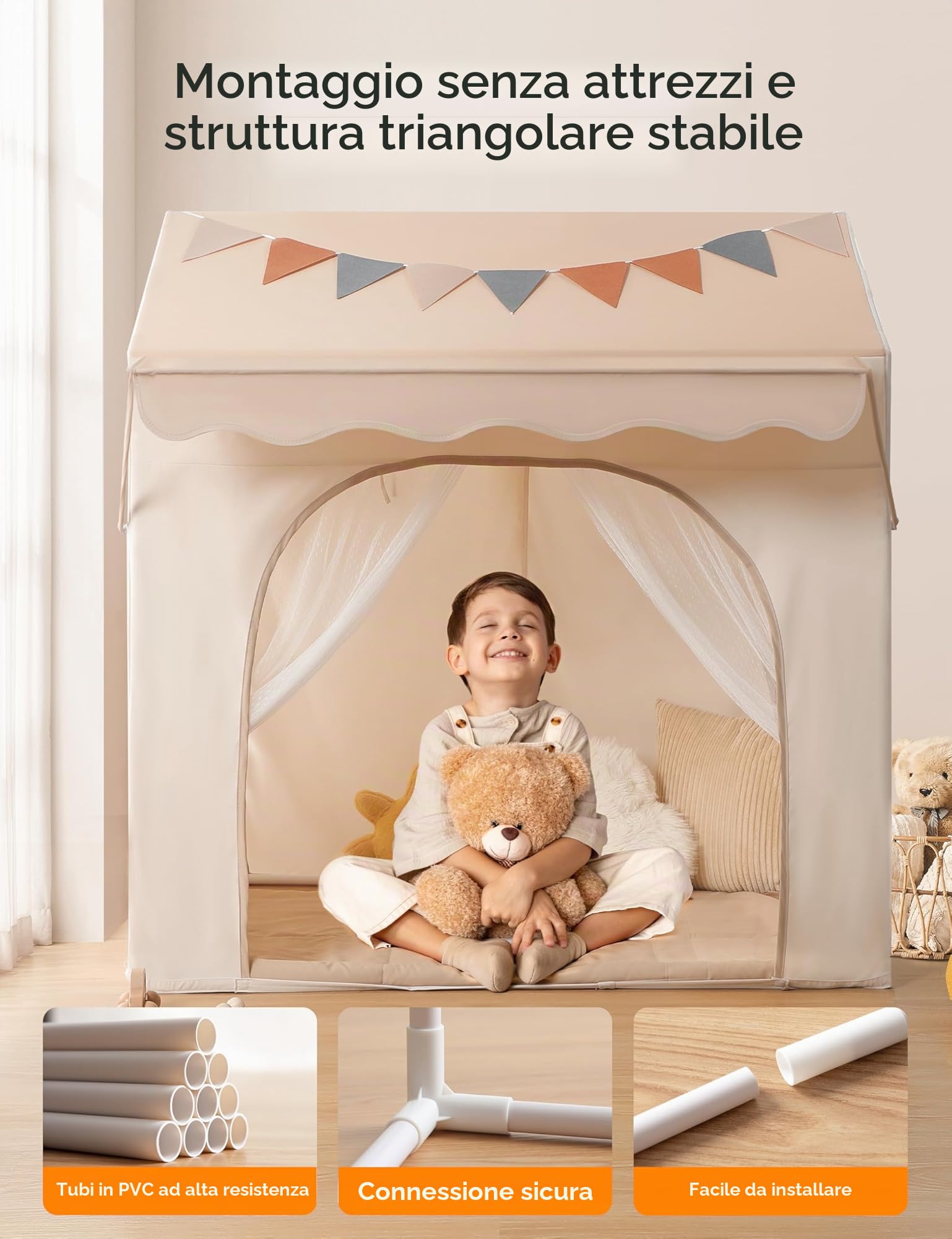Besrey Tenda per Bambini 2-in-1, Tenda da Gioco con Tettoia per Interni ed Esterni, con Luci, Bandierine e Tappetino, Design Ampio per Lettura e Giochi Creativi - Regalo di Natale Ideale per Bambini