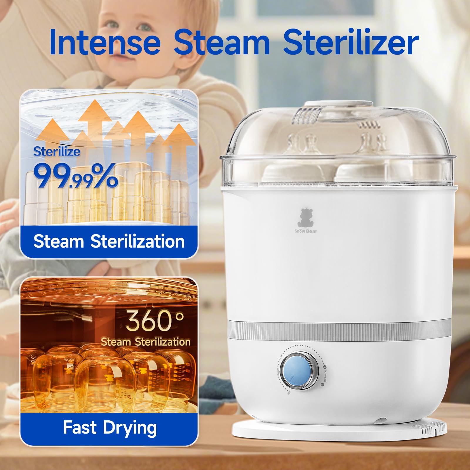 Snow Bear Babyflaschen-Sterilisator und Trockner, 6-in-1 elektrischer Dampfflaschen-Sterilisator für Babyflasche und Schnuller, Milchpumpenteile, große Kapazität 13 Flaschen, schnell trocknend, leicht