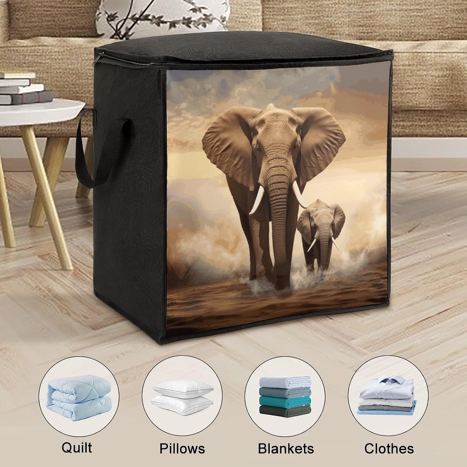 Elephant And Baby Elephant Storage Bag Portable Closet Organizer Storage Bags Quilt Storage Bags with Zippered Breathable Storage Bag with Carry Handles for Blanket Pillow Bedding
