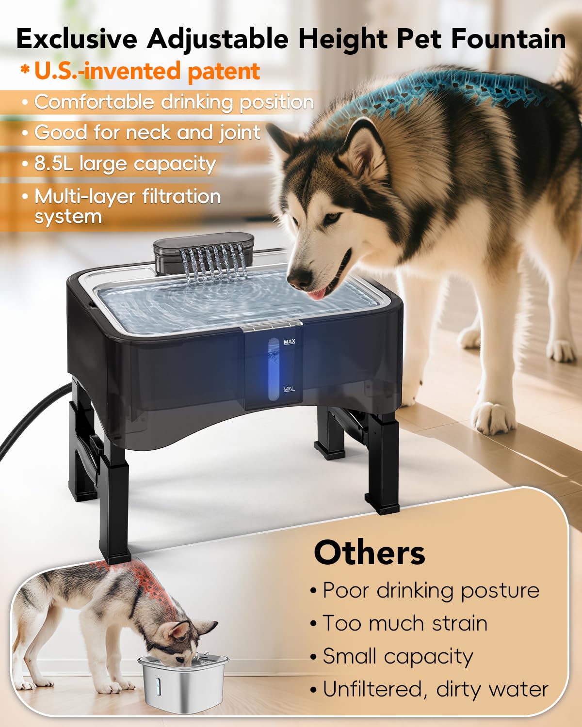 UPSKY Fuente de agua elevada para perros de 8.5 L/2.25 galones, dispensador elevado de 4 alturas ajustables para perros grandes y múltiples mascotas, bandeja de acero inoxidable con bomba ultra