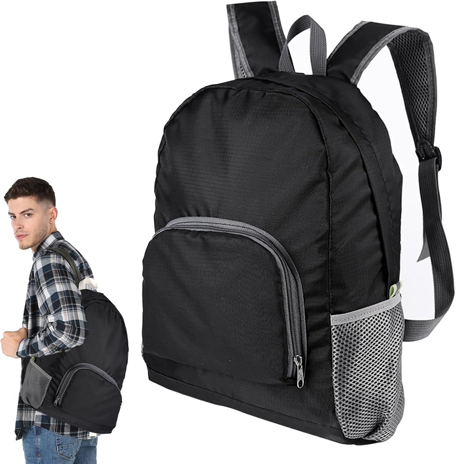 Dongnesi Small Backpacks for Men Women, Foldable Backpack Lightweight, Foldable Rucksack for Travelling, Waterproof Folding Backpack, Camping Hiking Travelling Packable Black rucksack