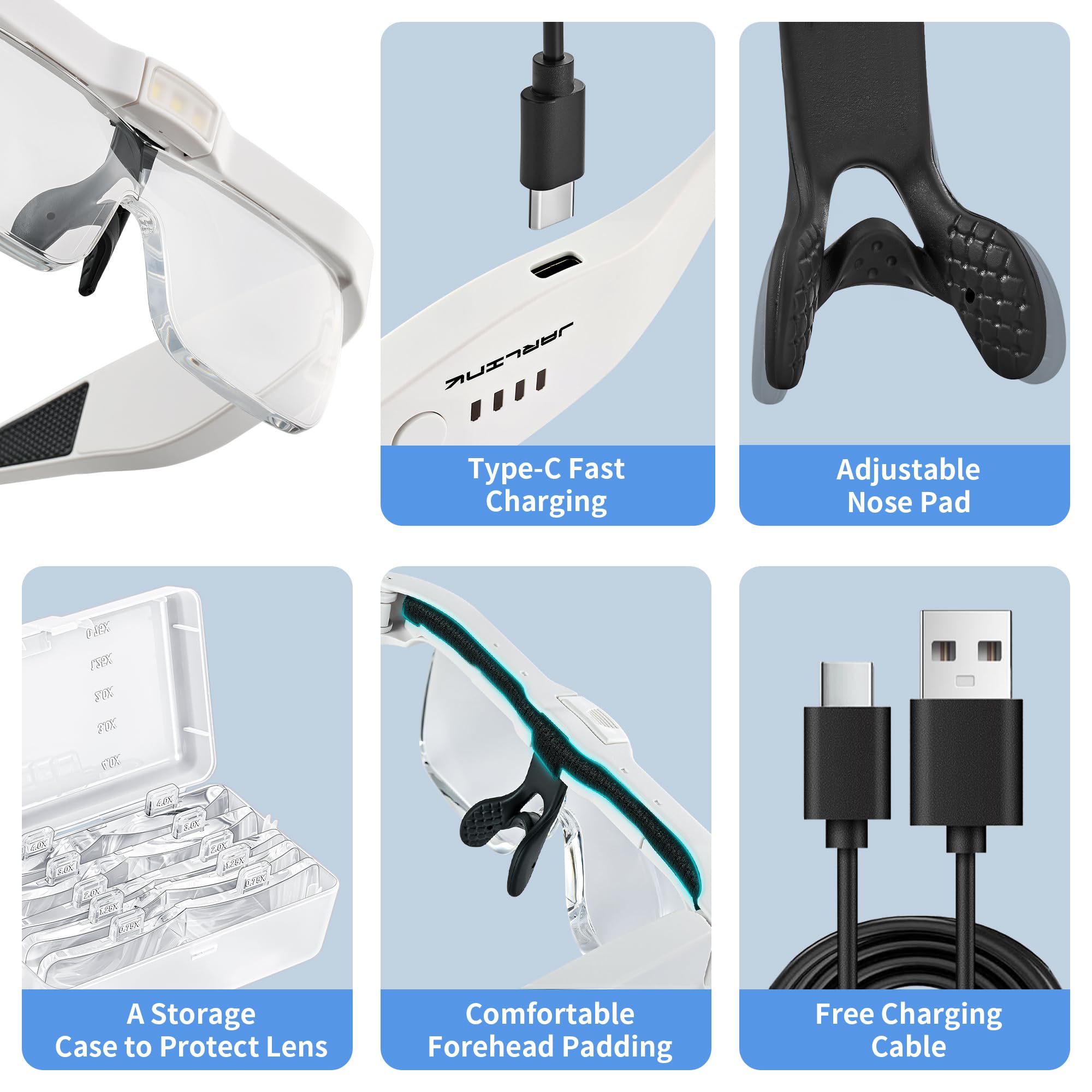 JARLINK Lupa con luz, lupas con 5 lentes 0.75-4.0X y 3 luces LED, lupas recargables para trabajos cercanos, manualidades, lectura, joyería y maqueteros