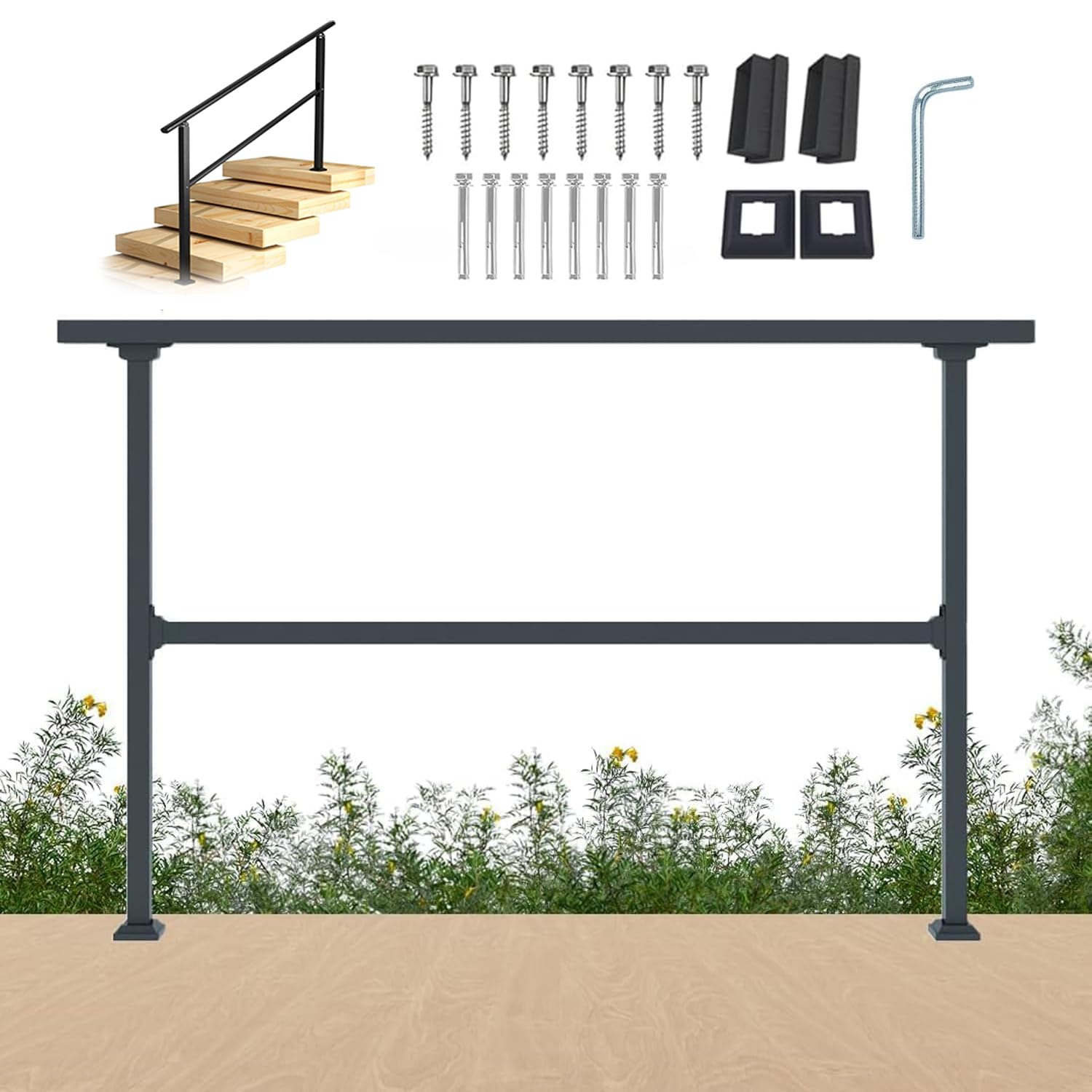 Metal Deck Railing Panel 152cm x 102cm (60in x 40in), Black Straight Handrail for Flat & Sloped Surfaces, Balcony & Patio Railing Fencing