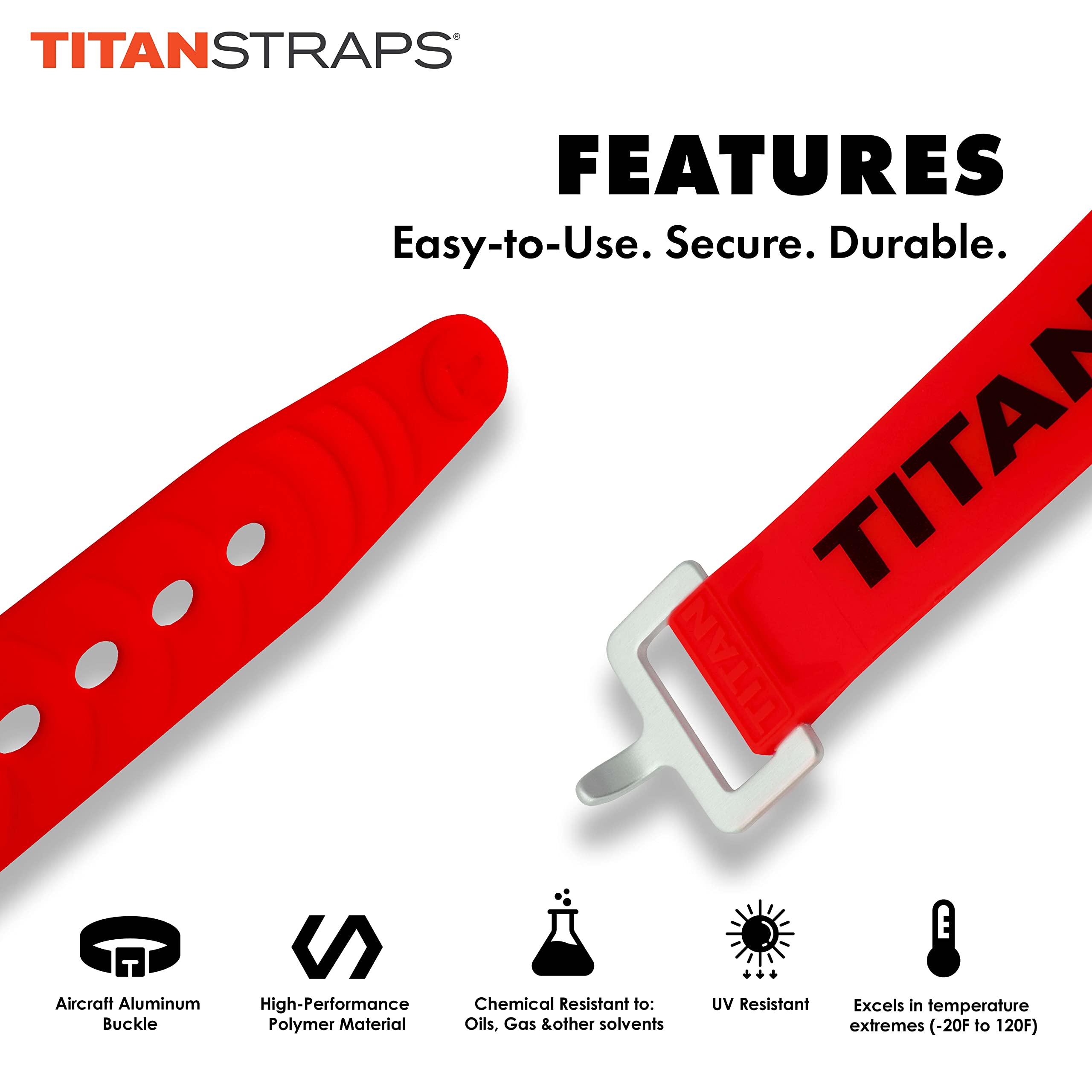 Titan Industrial Straps Strong & Simple Tie-Downs for Construction (Welders, DIY Home) & 1st Responders 3 Year Warranty, Batch Tested 70 lb. Working Load, Red, 2-Pack - Image 3