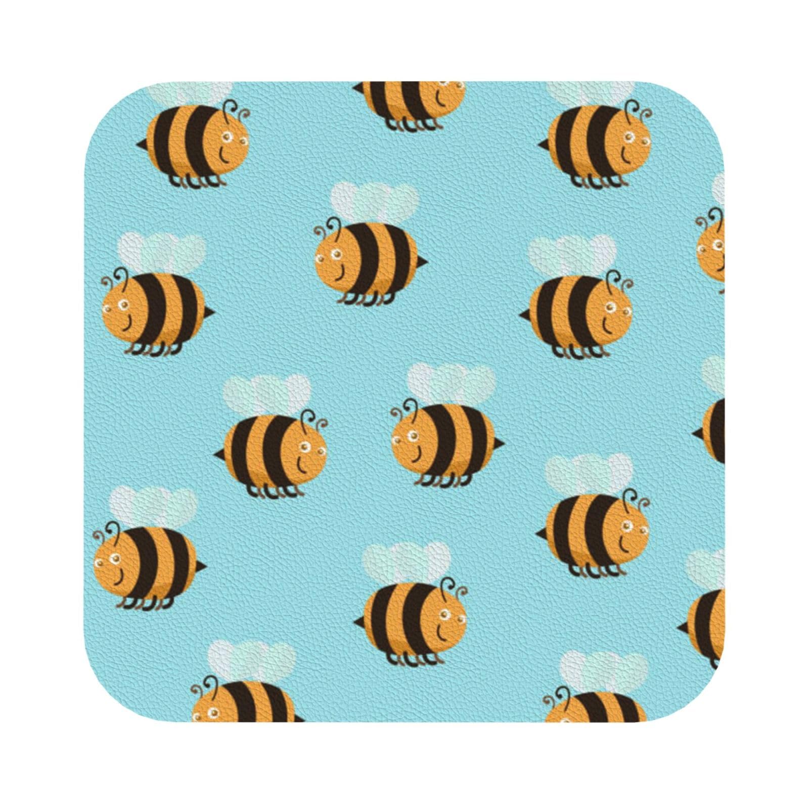 Cartoon Bee Pattern PU Leather Coasters Set of 6 Square Drink Coasters