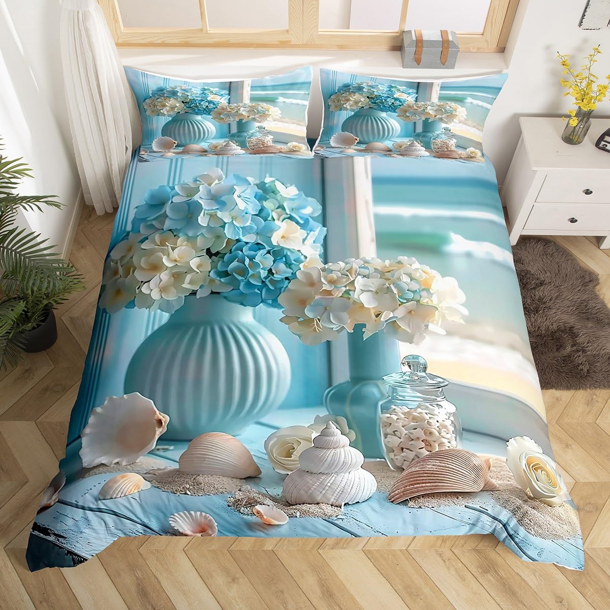 Homewish Coastal Beach Super King poszewka na kołdrę, hortensja kwiatowy zestaw pościeli dla kobiet dziewcząt, zestaw na łóżko w stylu boho, muszla, motyw oceaniczny, 3 szt., dekoracja sypialni (bez