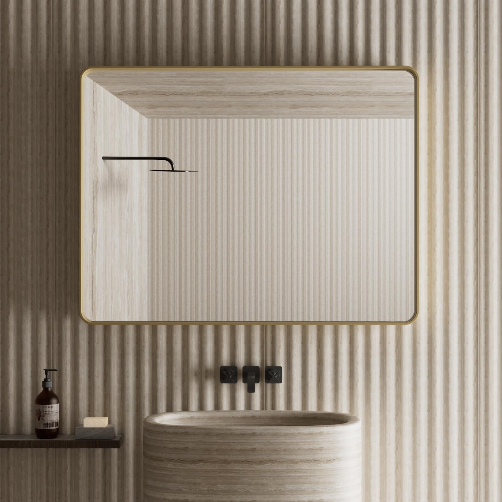 Brushed Gold Bathroom Mirror for Wall, 24 x 36 Inch Rectangular Metal Framed Mirror, Modern Wall Mounted Vanity Mirror for Bathroom, Rounded Corner,Tempered Glass (Horizontal/Vertical)