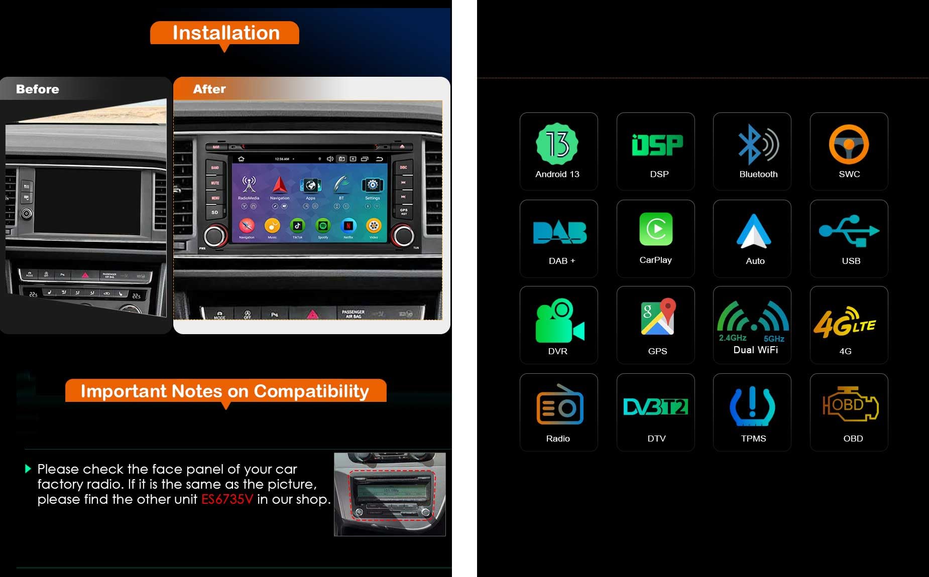 Erisin Android 14 8-Core 4GB+64GB Autoradio GPS Navigatore per Seat Leon 7 pollici Lettore DVD IPS Schermo tattile Supporti Bluetooth 5.0 Senza fili CarPlay Android Auto WiFi DSP CANbus OBD2 SWC FM