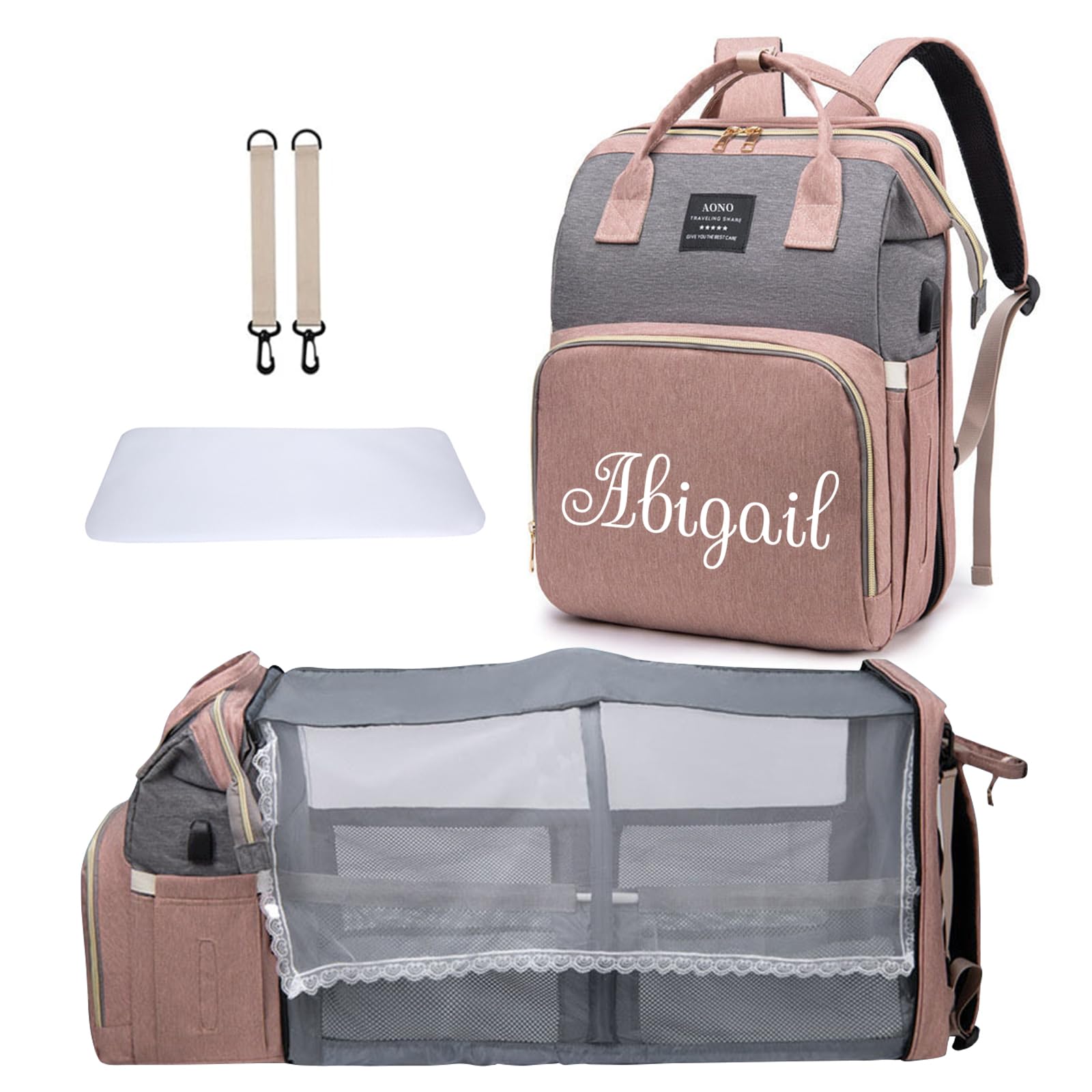 Personalisierte Wickelrucksäcke mit Wickelstation, großer Wickelrucksack mit Sonnenschutz und Spielzeugstange, Kinderwagenriemen und isolierten Flaschenfächern Babyparty-Suche, Geschenk zur Babyshower