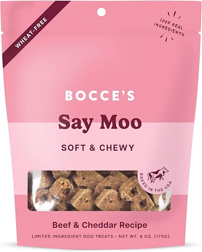 Bocce’s Bakery Oven Baked Say Moo Treats for Dogs, Wheat-Free Everyday Dog Treats, Made with Real Ingredients, Baked in The USA, All-Natural Soft & Chewy Cookies, Beef & Cheddar Recipe, 6 oz