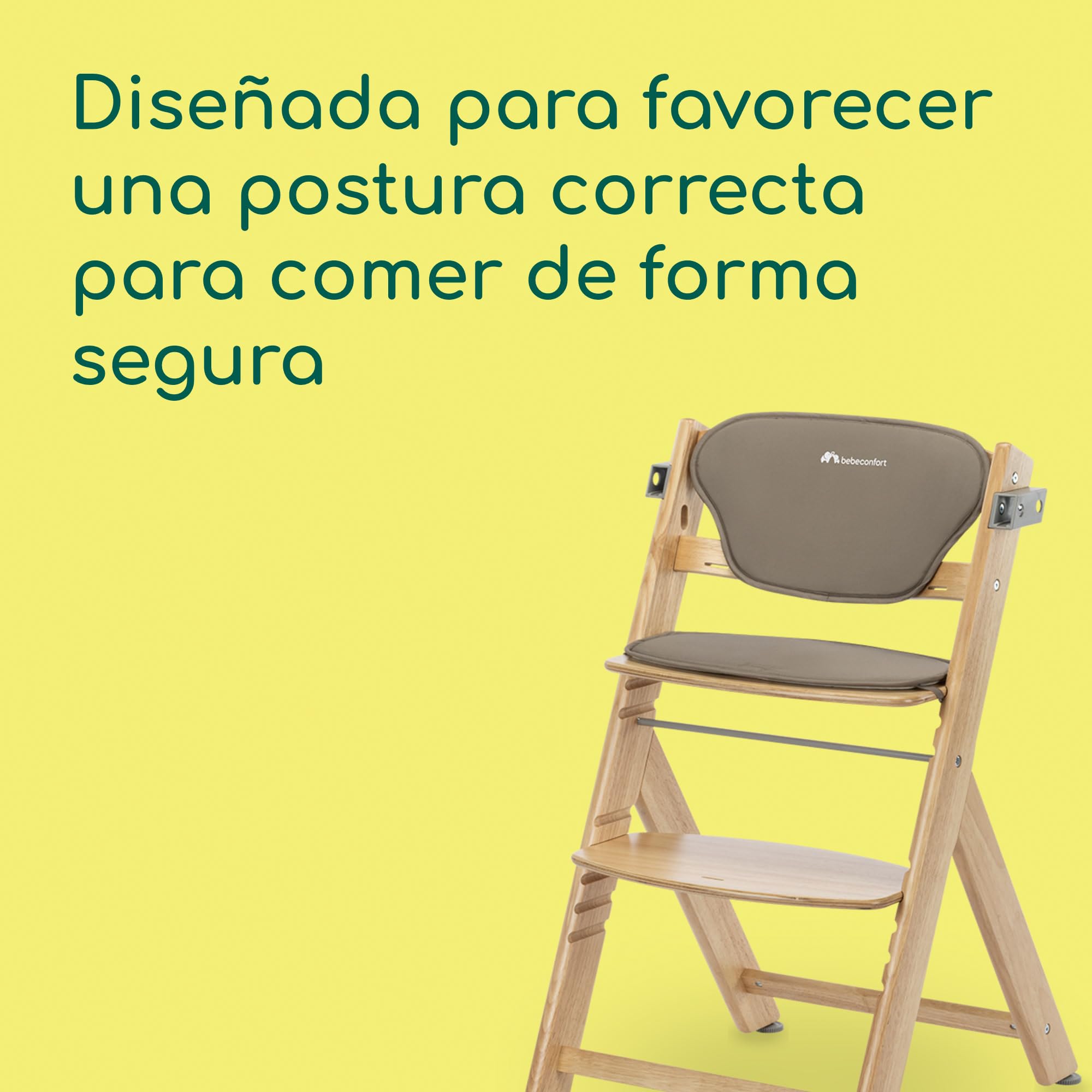 Bebeconfort Timba 2 con Cojín, Trona Bebé Evolutiva, Desde 6 meses hasta 110 kg, Silla Trona Bebé Comedor Ergonómica, Apta Todo Tipo Mesas, Bandeja Extraíble, Con Arnés, Natural Wood (Madera)+Beige