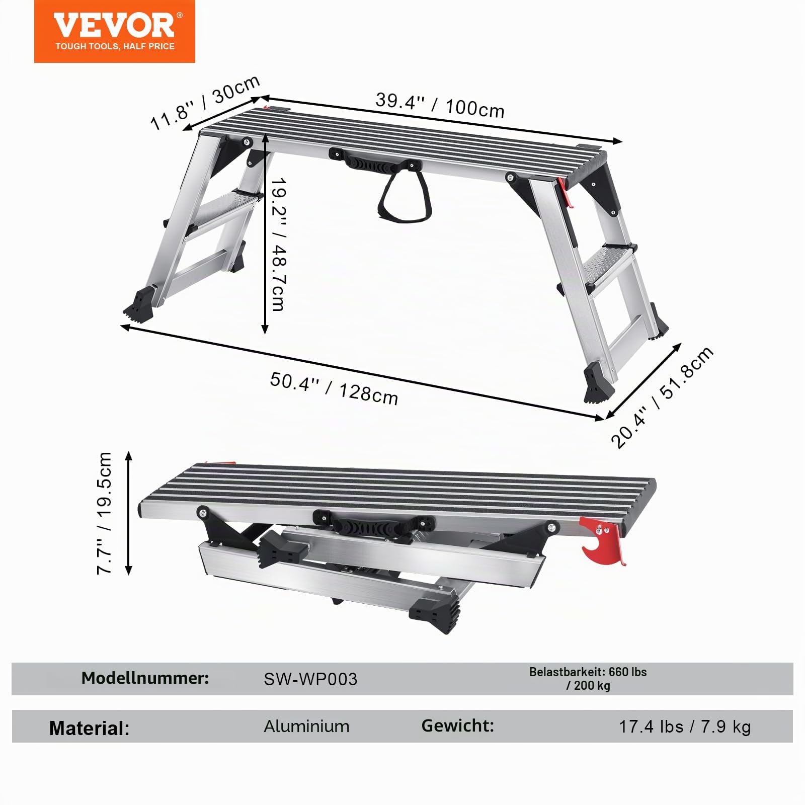 VEVOR Alu Arbeitsplattform Klappwerkbank 100x30x48,7cm Arbeitsbühne 200kg Tragfähigkeit Trittbank mit Sicherheitsschlössern Trittleiter für Zuhause Büro Werkstatt & Garage Silber