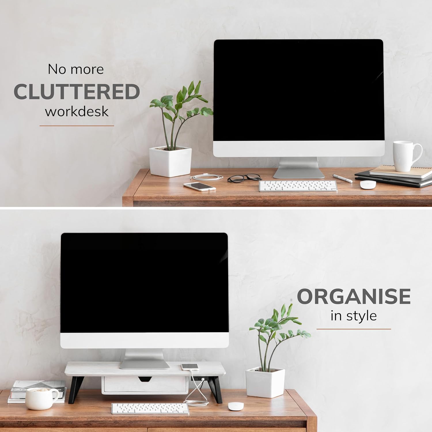 Anji Mountain Monitor Stand - Desktop Organizer & Laptop Riser, Ergonomic Monitor Riser, Space-Saving Monitor Stand for Desk, Durable Construction, Easy Assembly, Ideal for Home & Office,White Wash