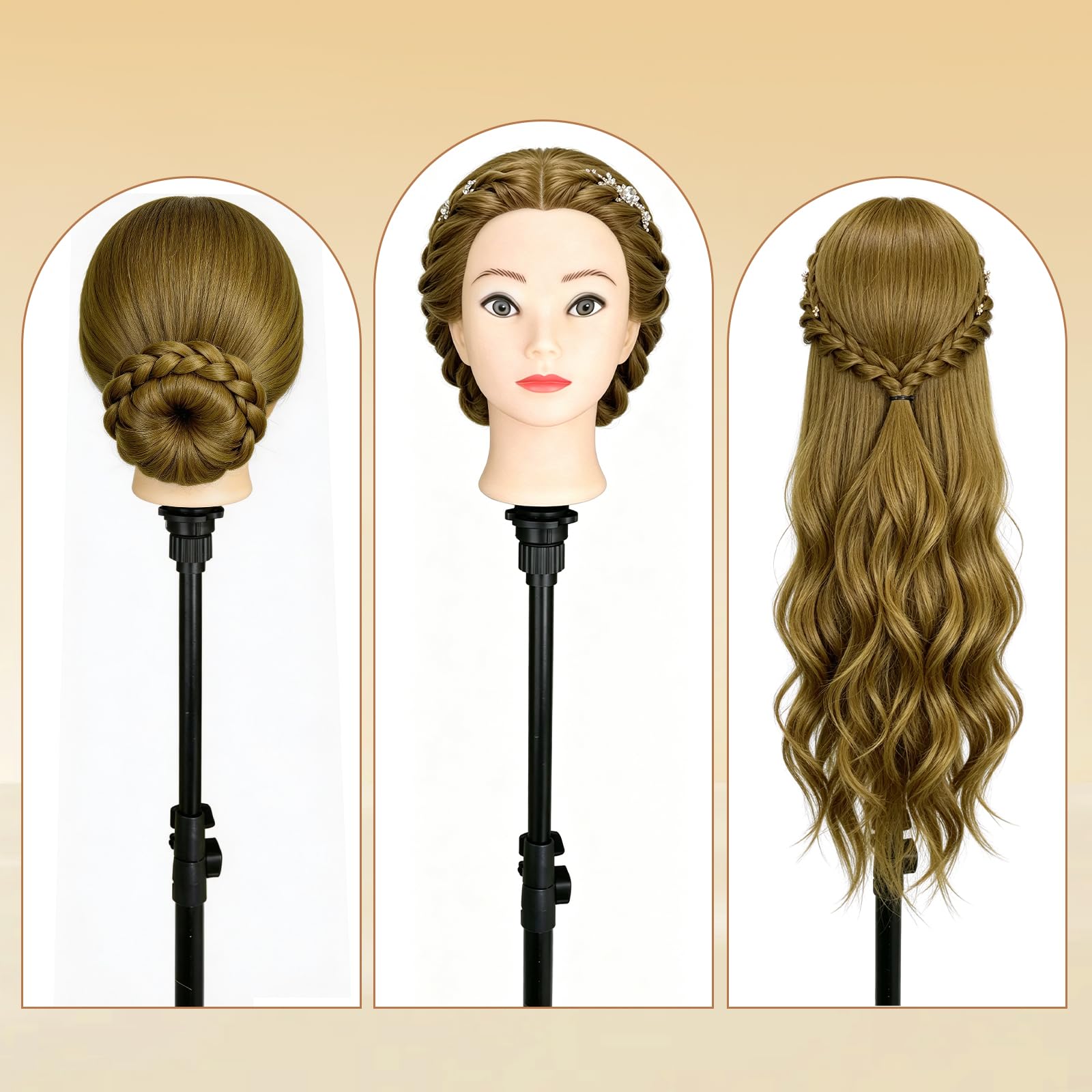 Yofuly 28-29Zoll / 71–74cm Frisierkopf mit Ohrlöchern, 100% Kunsthaar, Übungskopf Frisieren Trainingsköpfe Puppenkopf Friseur Mannequin Kopf mit Tischklemme + DIY-Zopfset (Blond)