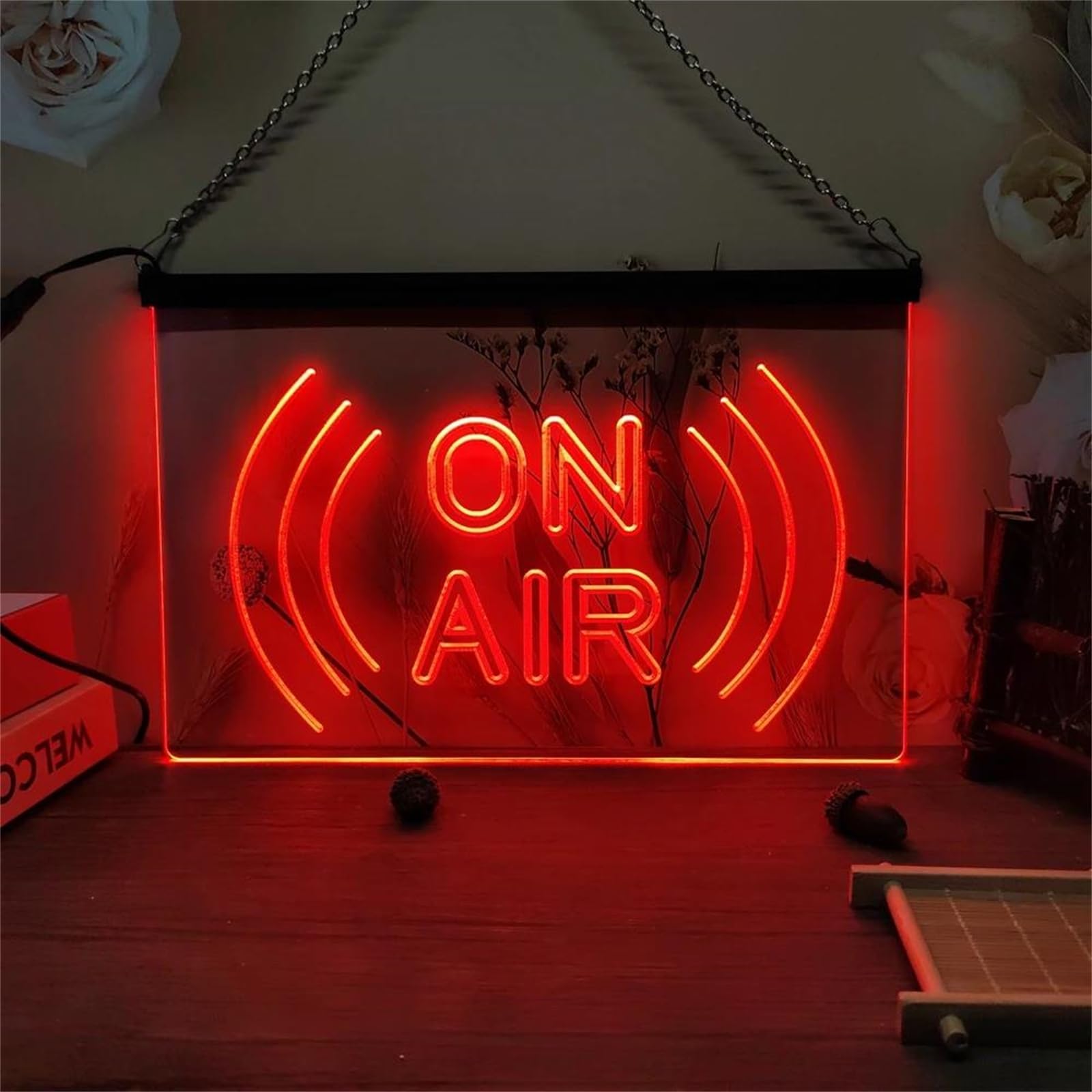On Air Neonowy szyld do dekoracji ścian – ściemniane neonowe światła LED RGB (sterowanie 3 przyciskami, zasilanie USB) do studia nagrań, pokoju gier lub klubu,40x30cm