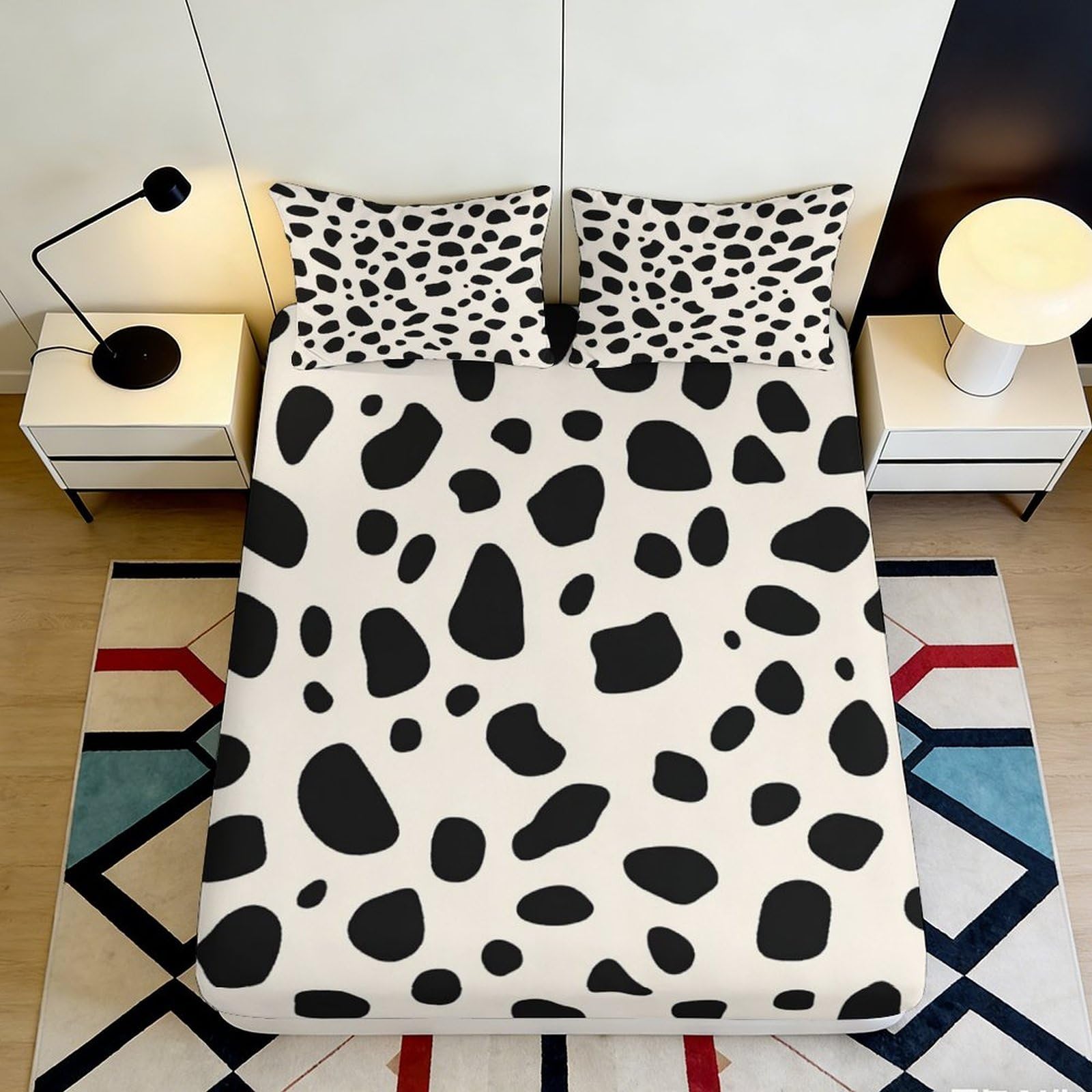 3D Printed Cow Spots Fitted Sheet Microfiber Non-Slip Dalmatian Mattress Cover for Bedroom Dorm Easy Care Decor 200x200x25cm