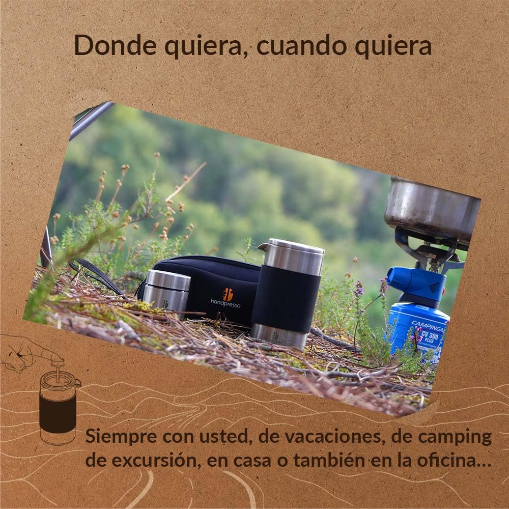 Handpresso cafetera francesa Travel press | Prensa francesa de viaje thermo inox con estuche | french Press 0,35L (2-3 tazas) con recipiente café molido