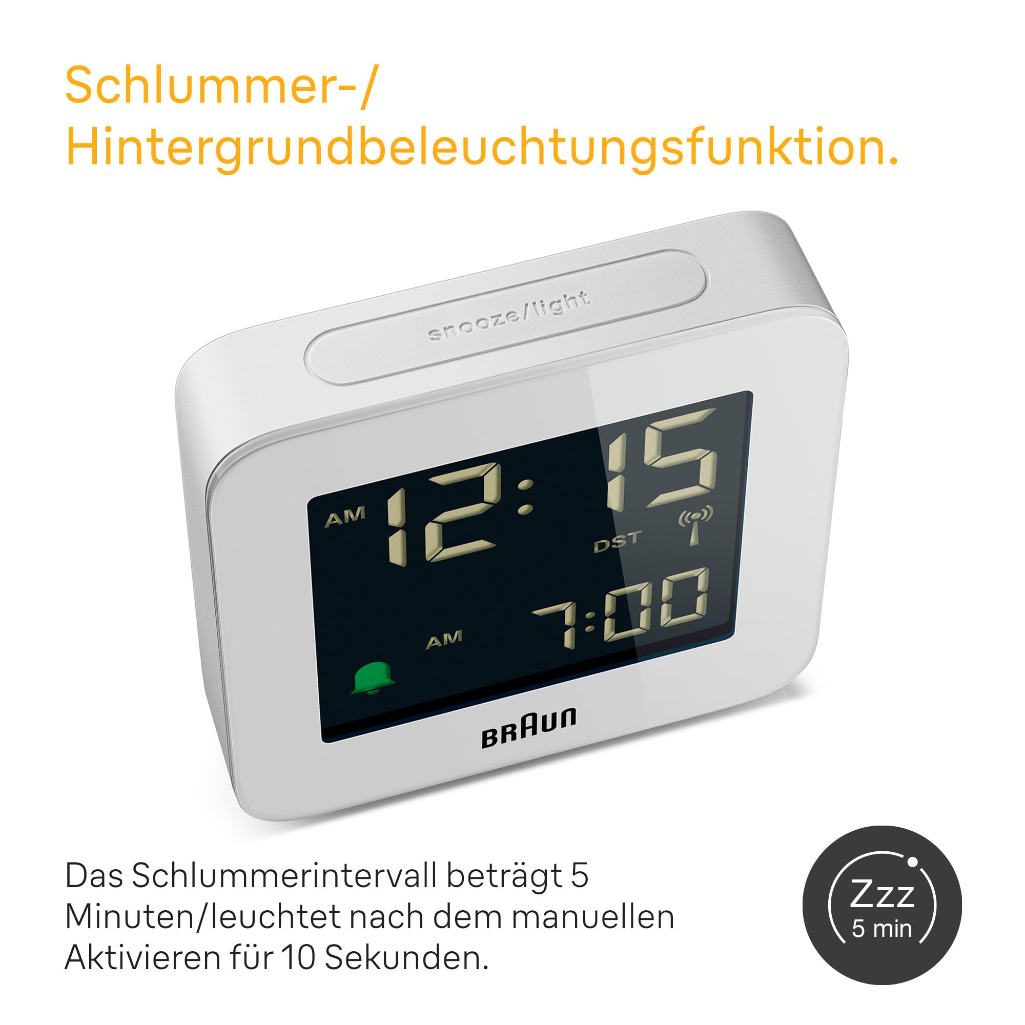 Braun Digitaler Funkwecker Mitteleuropäische Zeitzone (MEZ) mit Schlummerfunktion, Negatives LC-Display, Schnelleinstellfunktion, Crescendo-Alarm in Weiß, Modell BC09W-DCF.