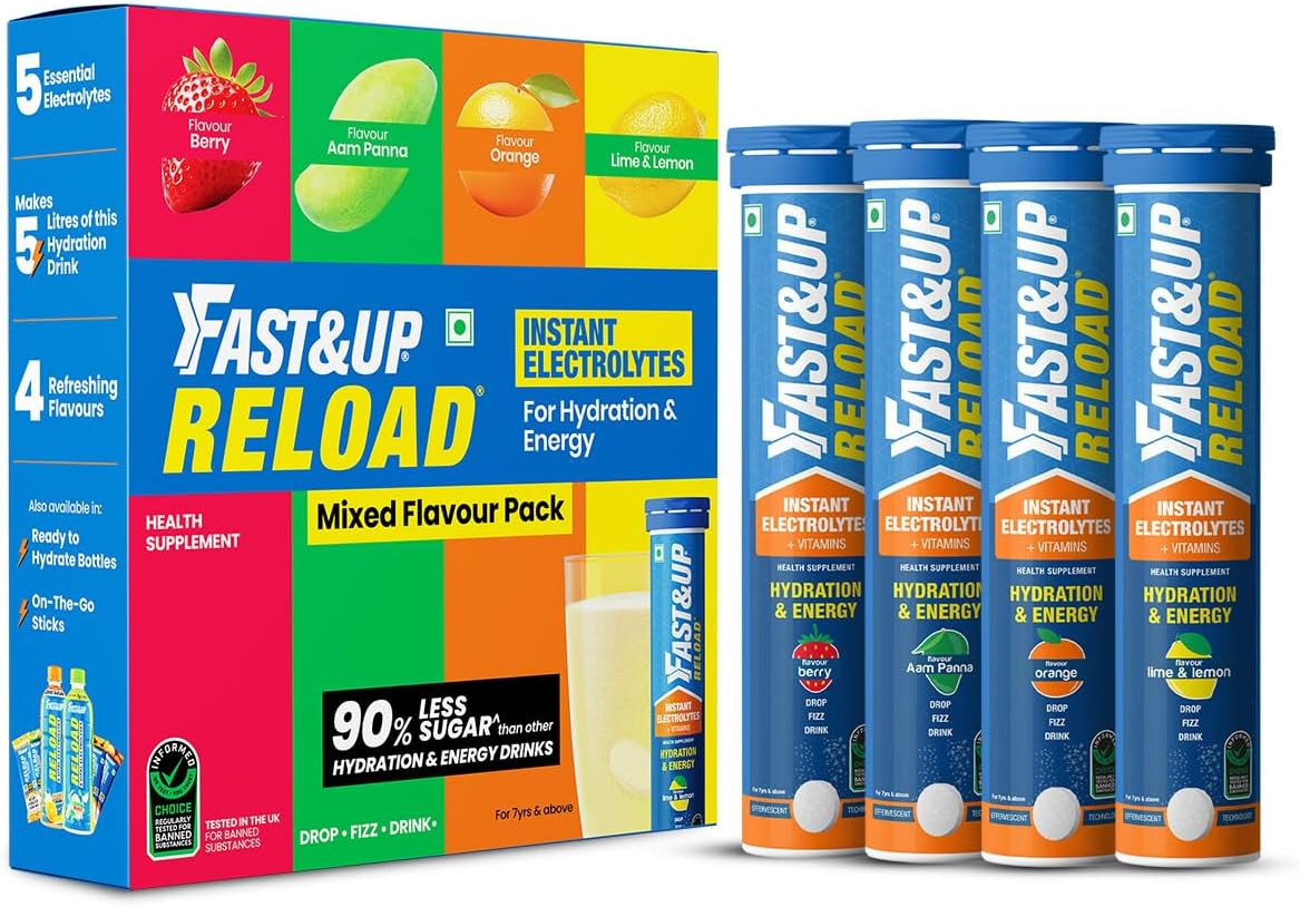 Reload (20 Liters) - (Berry, Aam Panna, Orange, Lime & Lemon)- Low Sugar energy drink for Instant Hydration - Effervescent Tablets with all 5 Essential Electrolytes + Added Vitamins.