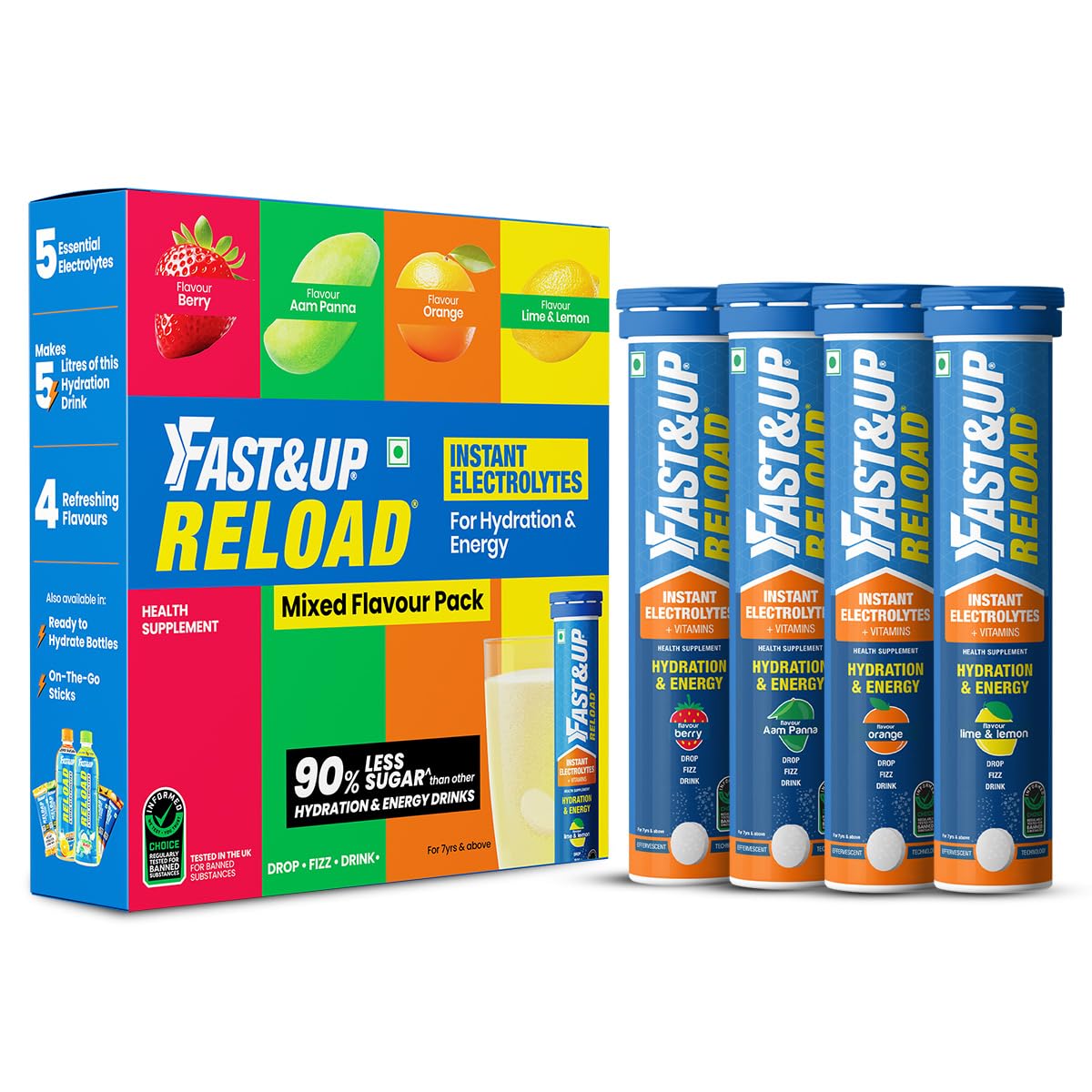 Reload (20 Liters) - (Berry, Aam Panna, Orange, Lime & Lemon)- Low Sugar energy drink for Instant Hydration - Effervescent Tablets with all 5 Essential Electrolytes + Added Vitamins.