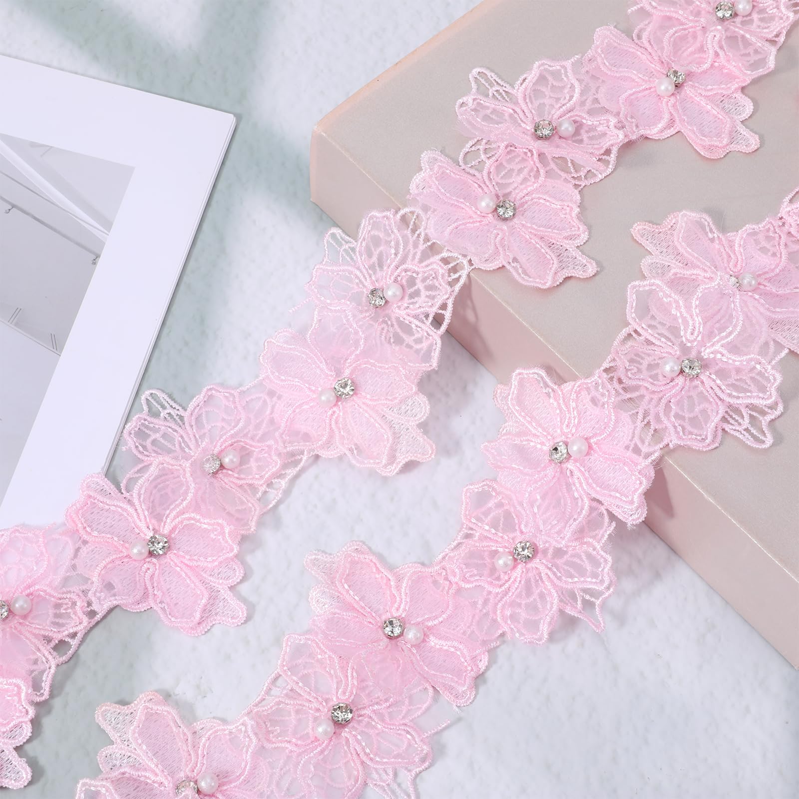 Pink Lace Trim, 2 Yards 3D Pearl Beads Flower LaceTrim, Floral Appliques Lace Ribbon, Floral Applique Embroidered Fabric for Wedding Dress Embellishment DIY Dress Decor Gowns Home Decor (Pink)