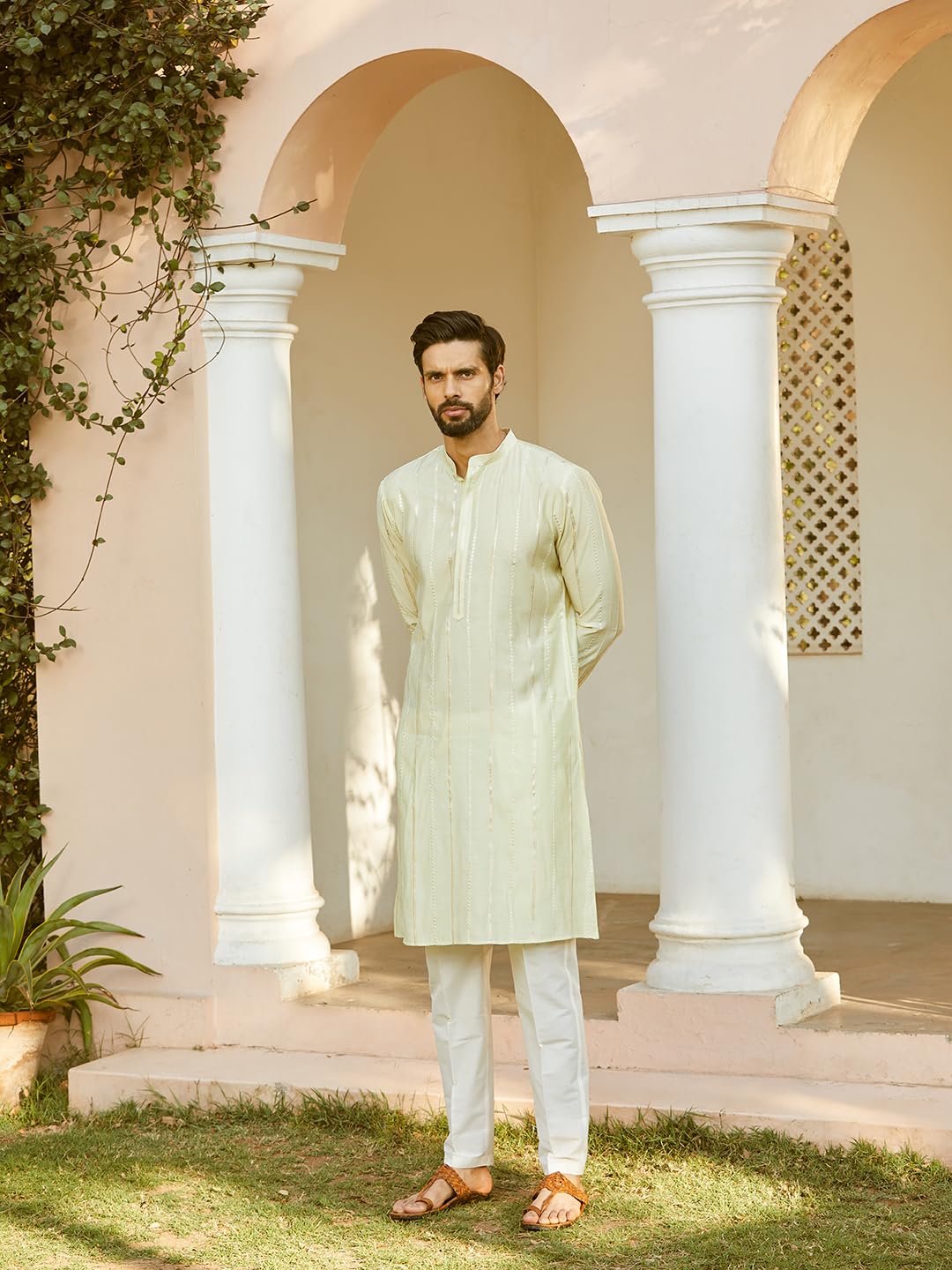 See Designs Men Full Sleeve Off White And Gold Chanderi Silk Sequins Mandarin Collar Side Slit Kurta With Pyjama - SDKT243601L - Image 7 thumbnail