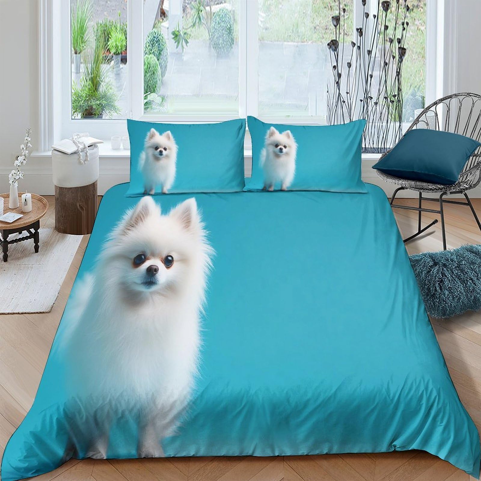 TUFRTGYHN 3D Printed White Pomeranian Dog Duvet Cover Microfiber Soft Turquoise Bedding Set with 2 Pillowcases for Bedroom Home Decor Single（135x200cm）