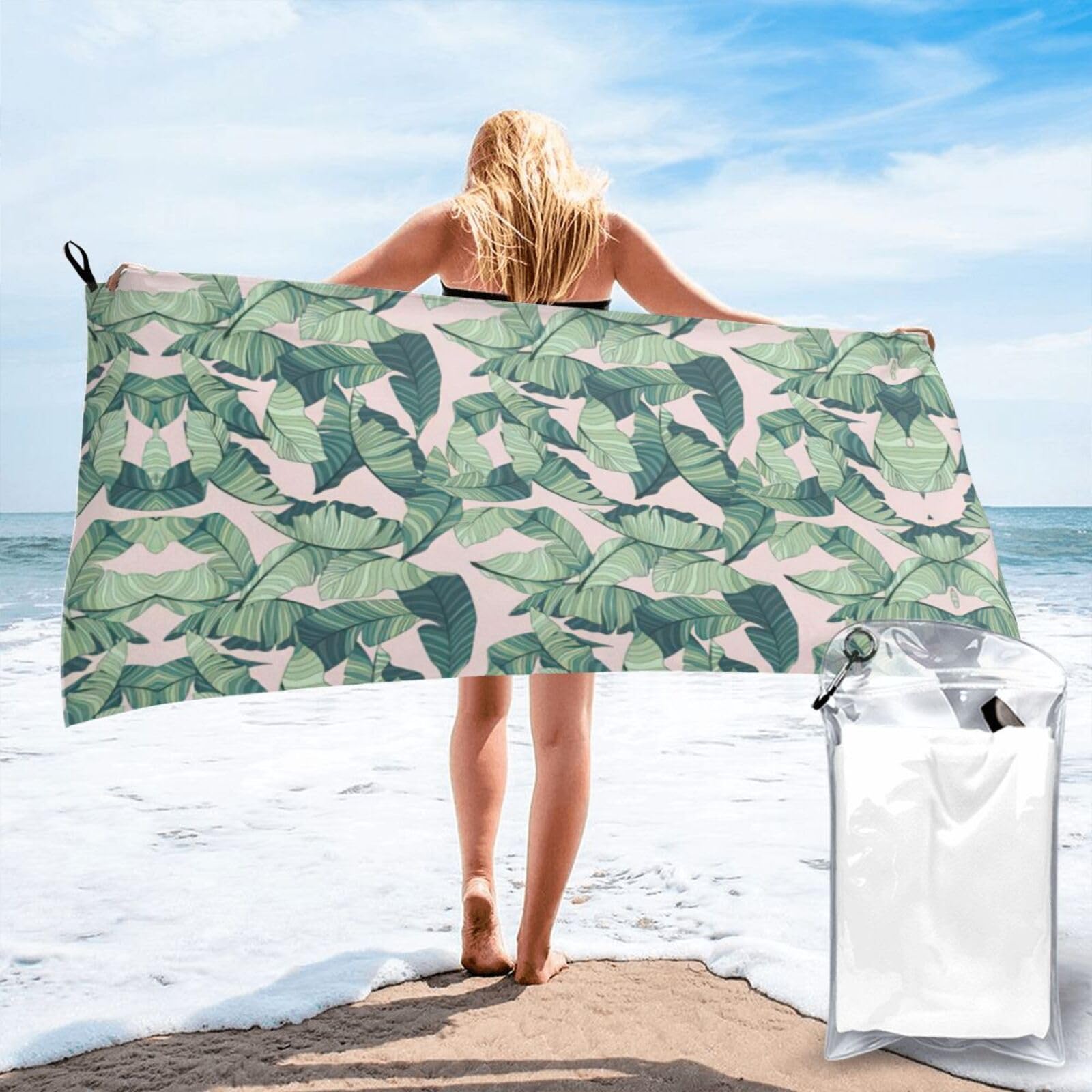 SDEGTHO Green Palm Tree Leaves Pink Print Beach Towel Quick Dry Portable For Swimming Yoga Adults Fitness