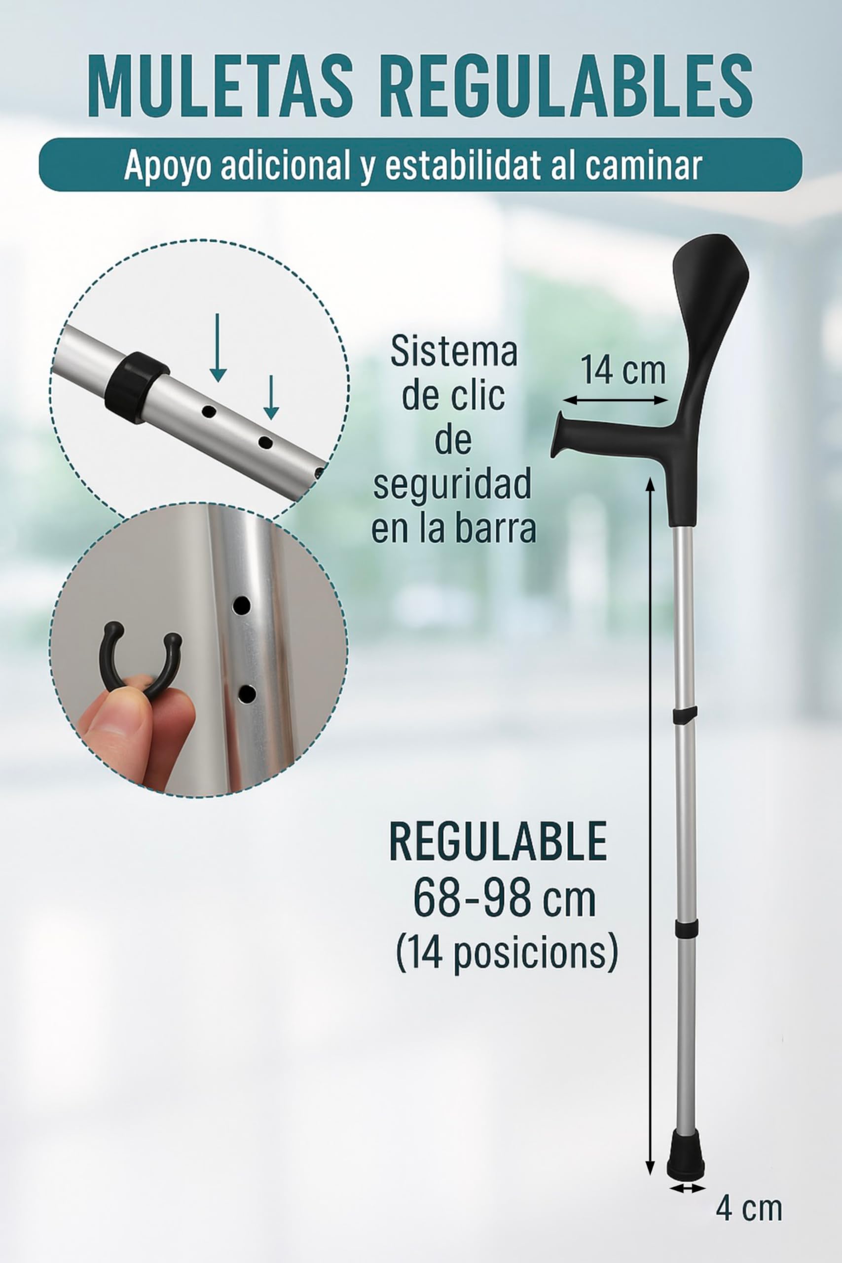 Muletas Adulto de Aluminio Regulables (Par) – Bastones Ortopédicos para Recuperación y Rehabilitación – Altura Ajustable 68-98 cm, hasta 125 kg. Fabricado en España.