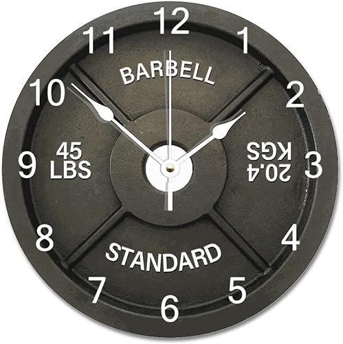 Miniatura 9 de ArogGeld Reloj de pared con placa de pesas para levantamiento de pesas, decoración de gimnasio de 10 pulgadas, funciona con pilas, silencioso, sin