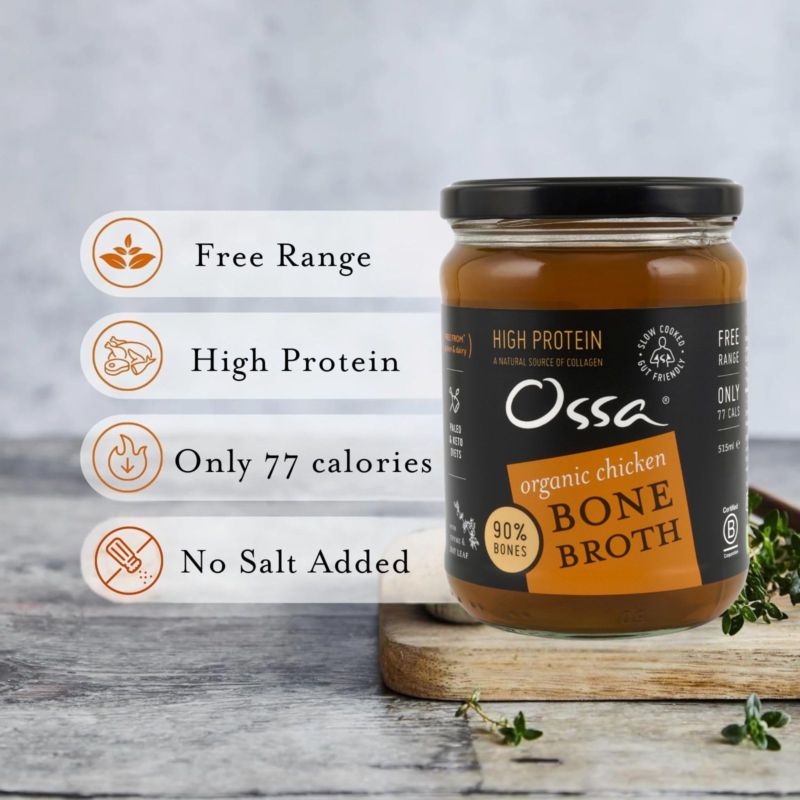 Ossa Chicken Ambient Bone Broth, High-Protein Broth, Preservative-Free Soup & Cooking Essential, Keto & Paleo-Friendly Soup Maker for Gut Health & Digestion, 515 mL
