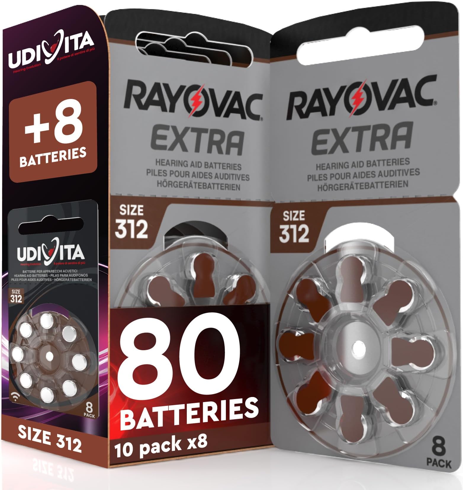80 Hearing Aid Batteries Rayovac Extra 312 + 8 Udivita Batteries