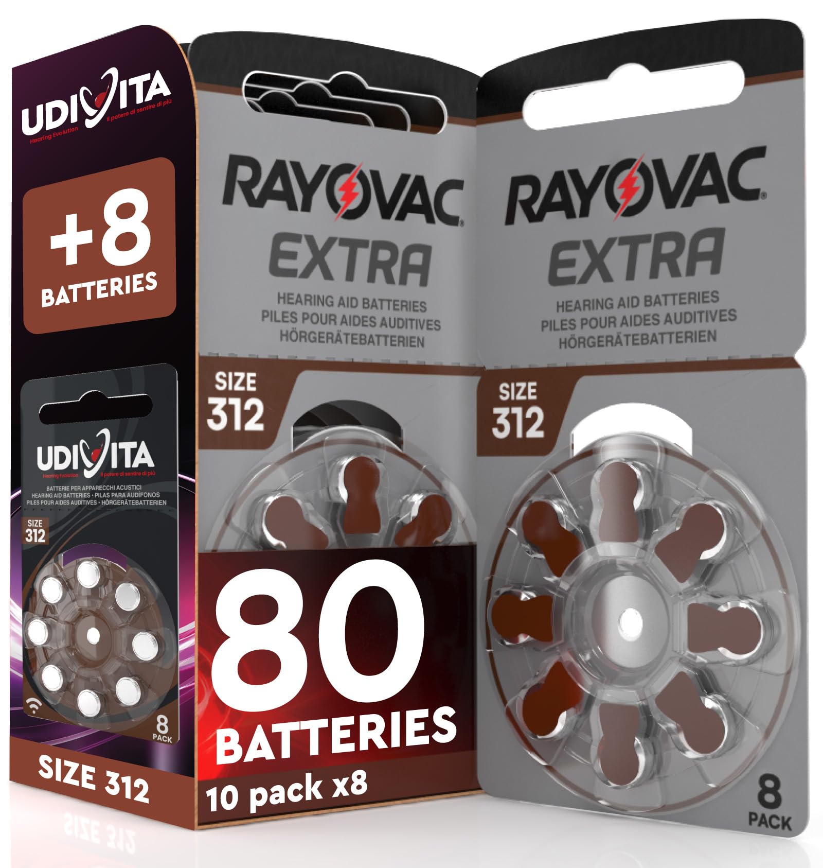 80 Piles pour appareils auditifs Rayovac Extra Taille 312. - 10 Ampoules de 8 Piles