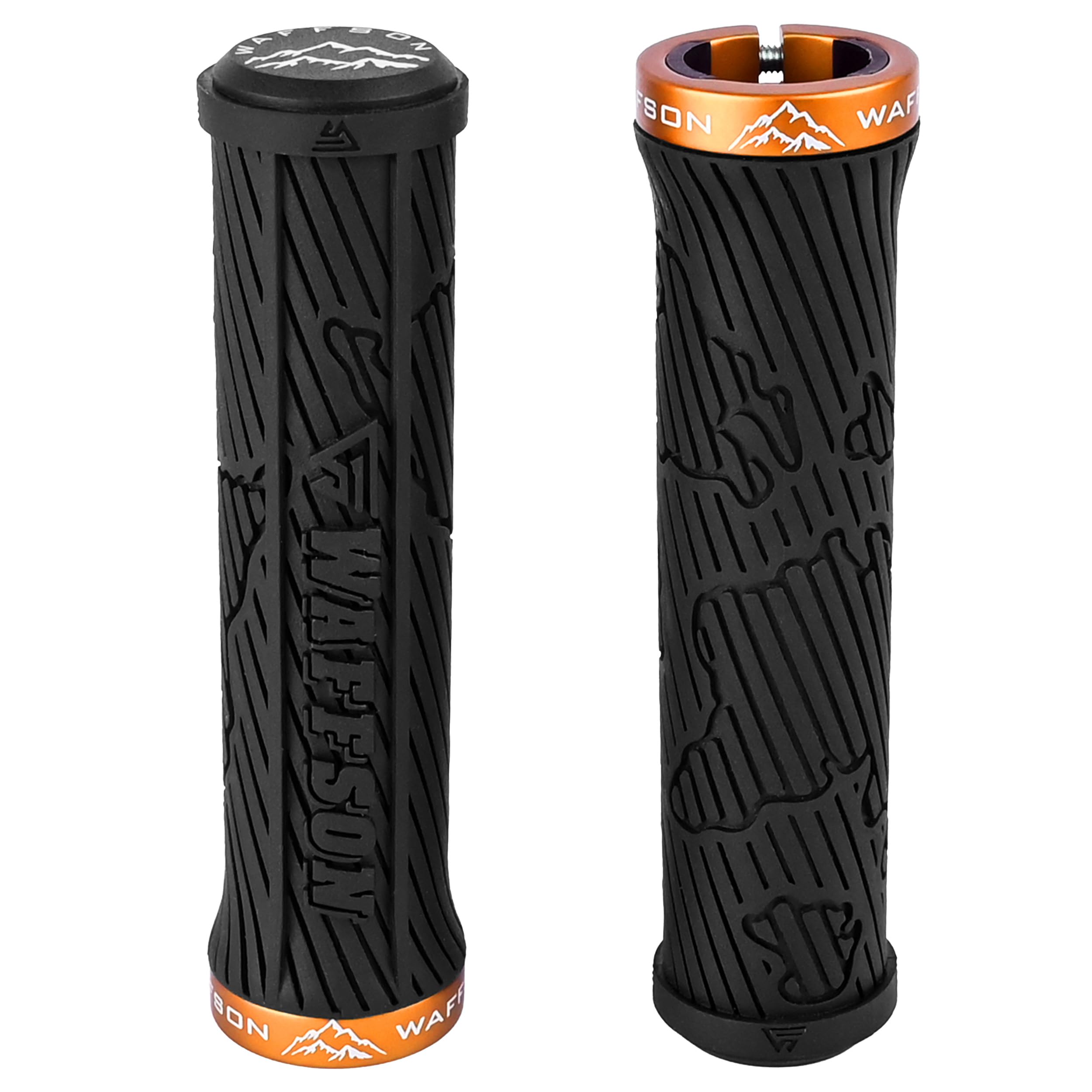 WFS World Map MTB Lock-on Grips - Single Clamp Ergonomic Anti-Slip Mountain Bike Handlebar Grips - Comfort Vibration Dampening for Trail, Enduro, Downhill - Black x Orange