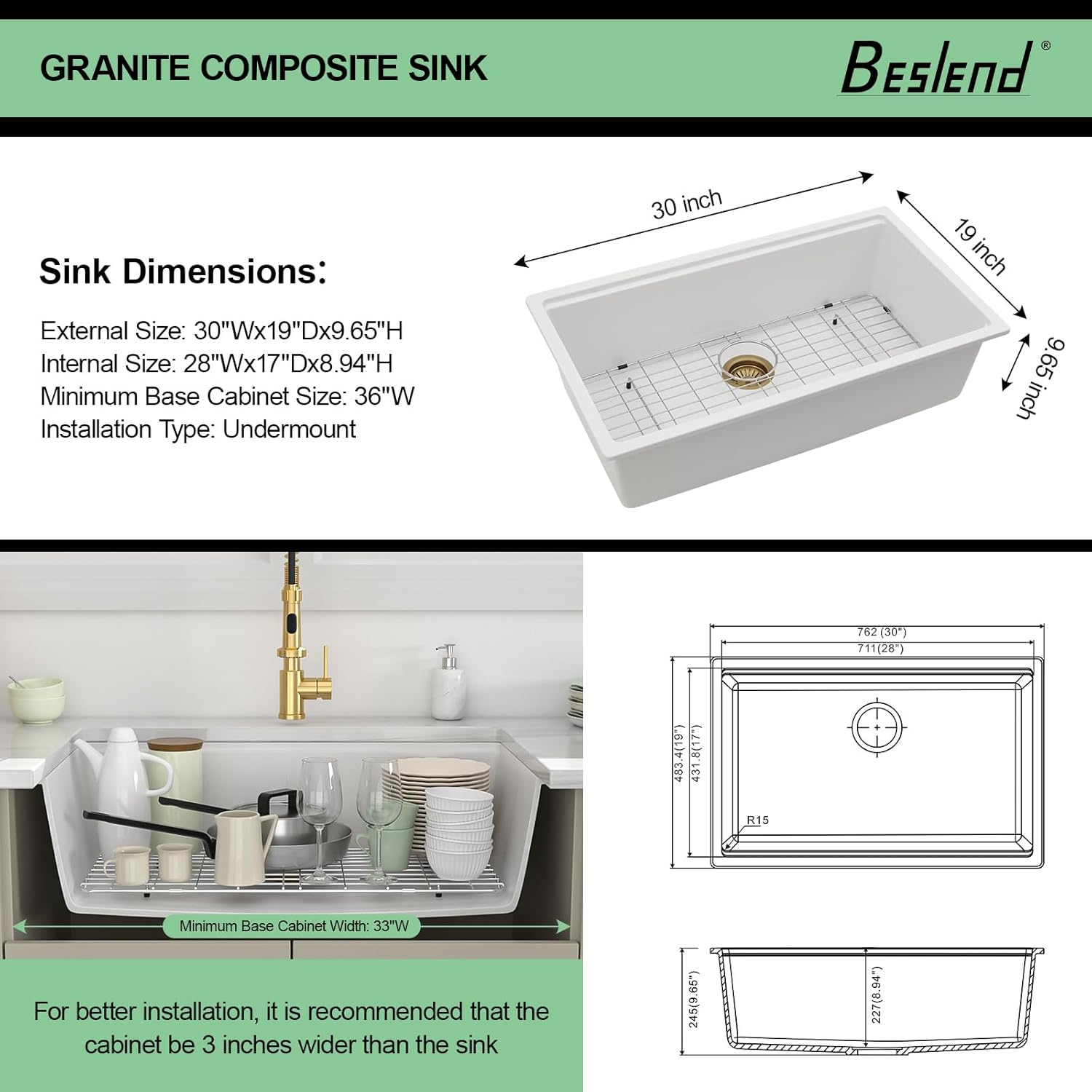 30 Granite Kitchen Sink - 30x19 Inch Granite Kitchen Sink 10" Depth Undermount White Quartz Sinks Ledge Workstation Classic Under Counter Single Bowl Basin