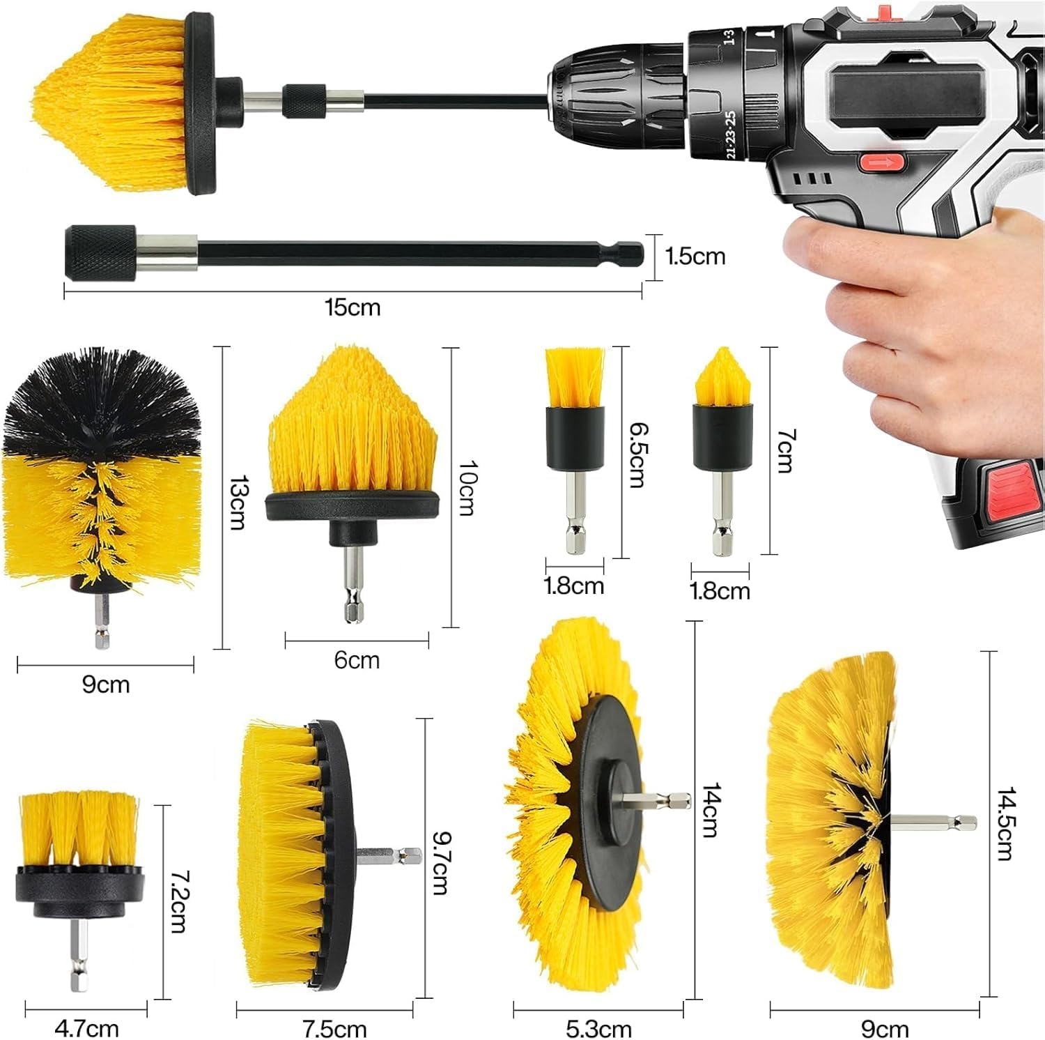 13PCS Brosse Nettoyage Perceuse, Nettoyage Voiture Brosse Visseuse avec 2 Brosses Joint Carrelage, Brosses de Nettoyage Électrique pour Voiture Jantes Carrelage Tapis Cuisine Toilettes