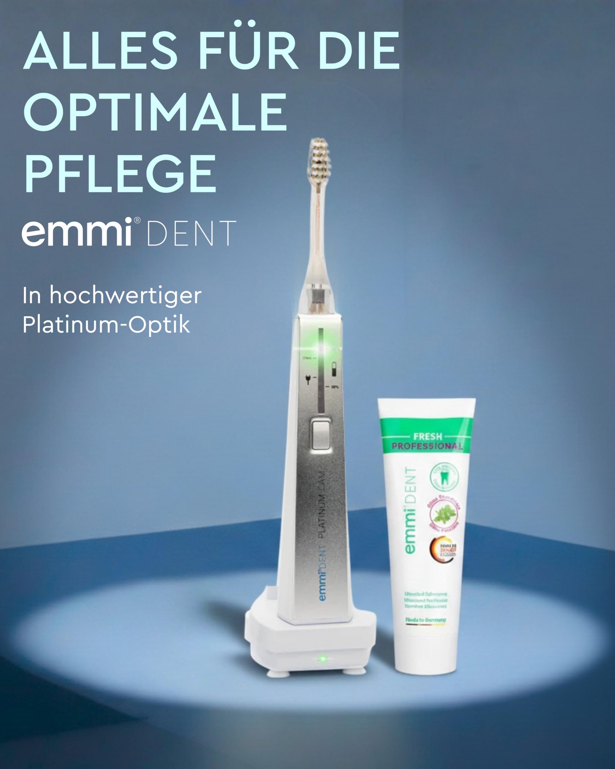 emmi-DENT Ultraschall Zahnbürste Platinum CAM in Weiß I Starter Set mit integrierter Kamera I inkl. Handteil, Ladestation, 2x Aufsatz & Zahnpasta I Plaque- & Zahnsteinreduzierung I Sanfte Reinigung