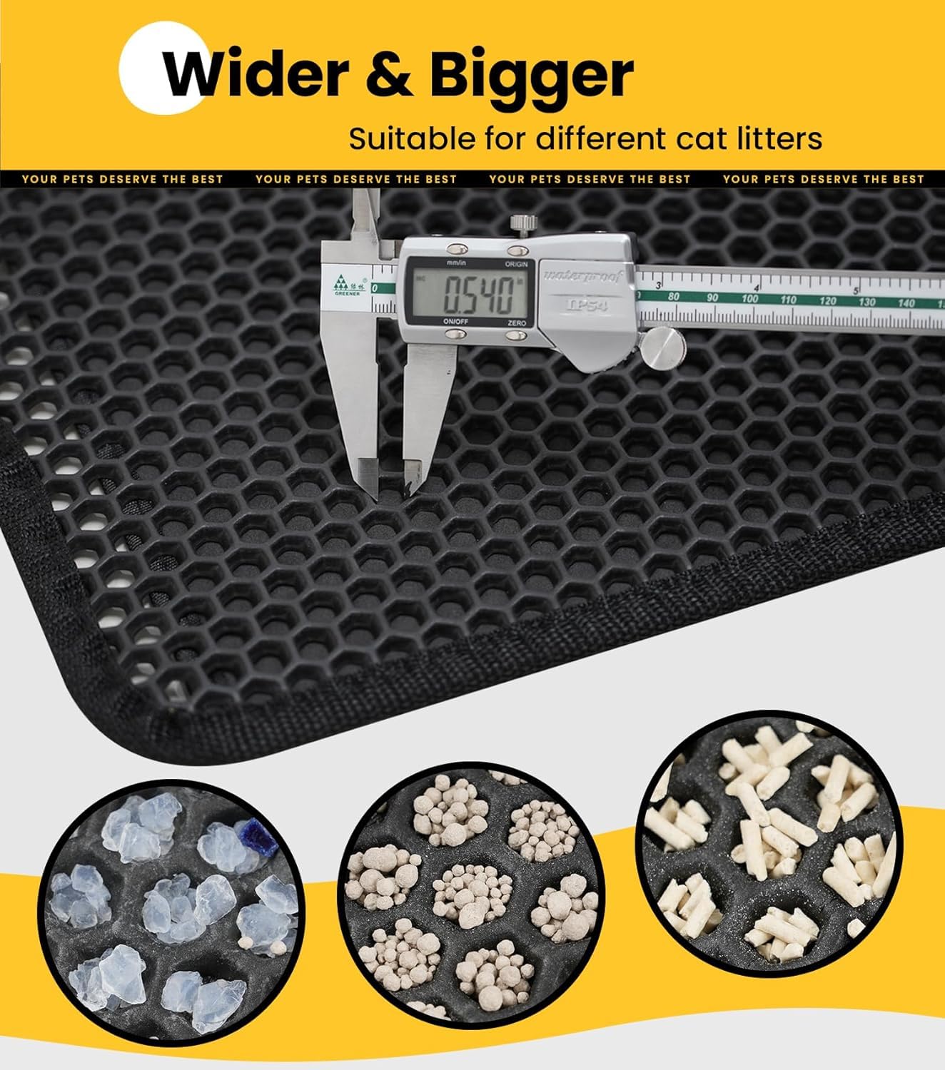 Conlun Kattenbakmat met handgrepen, JUMBO 76 x 55 cm honingraat dubbellaags, stopt kattenbakvulling en waterdicht, antislipbodem, gemakkelijk schoon te maken, grijs