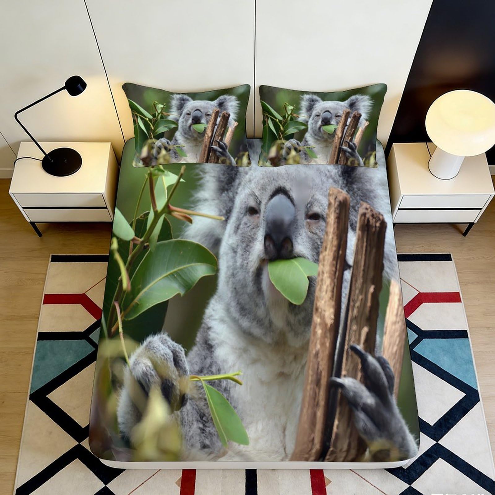 3D Printed Koala Forest Fitted Sheet Microfiber Soft Breathable Eucalyptus Bed Cover for Bedroom Guest Room Decor 120x200x25cm